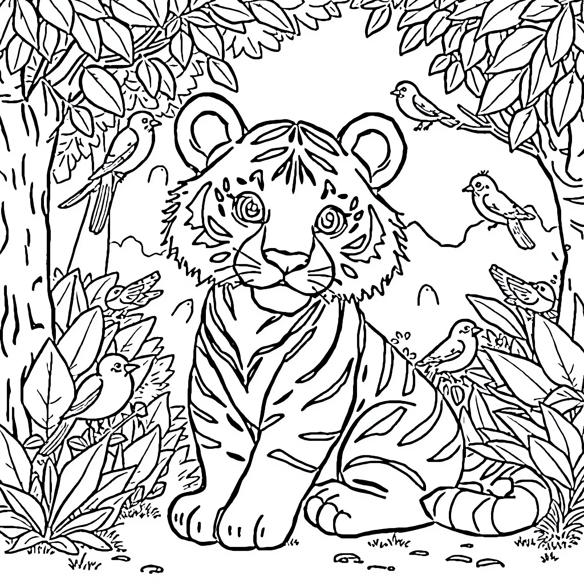 Tiger amidst lush foliage and birds Coloring Page (free black-and-white line drawing printable PDF for all, from beginners to advanced learners, including children, teens, adults, and seniors)
