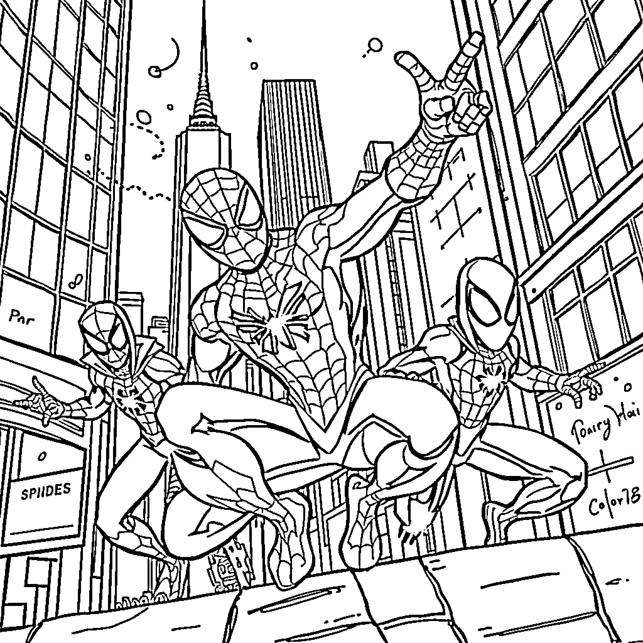Spidey superheroes swinging through New York City Coloring Page (free black-and-white line drawing printable PDF for all, from beginners to advanced learners, including children, teens, adults, and seniors)