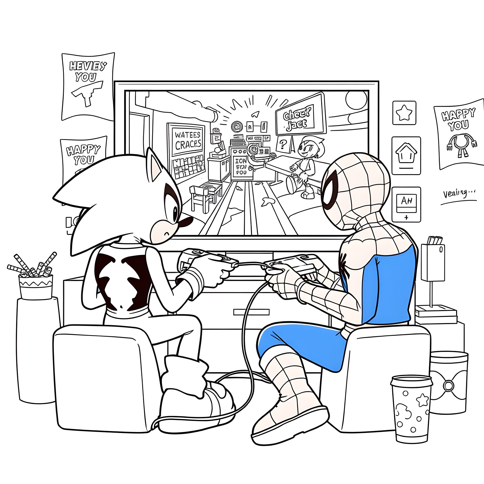 Sonic characters gaming together in a cozy room Coloring Page (free black-and-white line drawing printable PDF for all, from beginners to advanced learners, including children, teens, adults, and seniors)