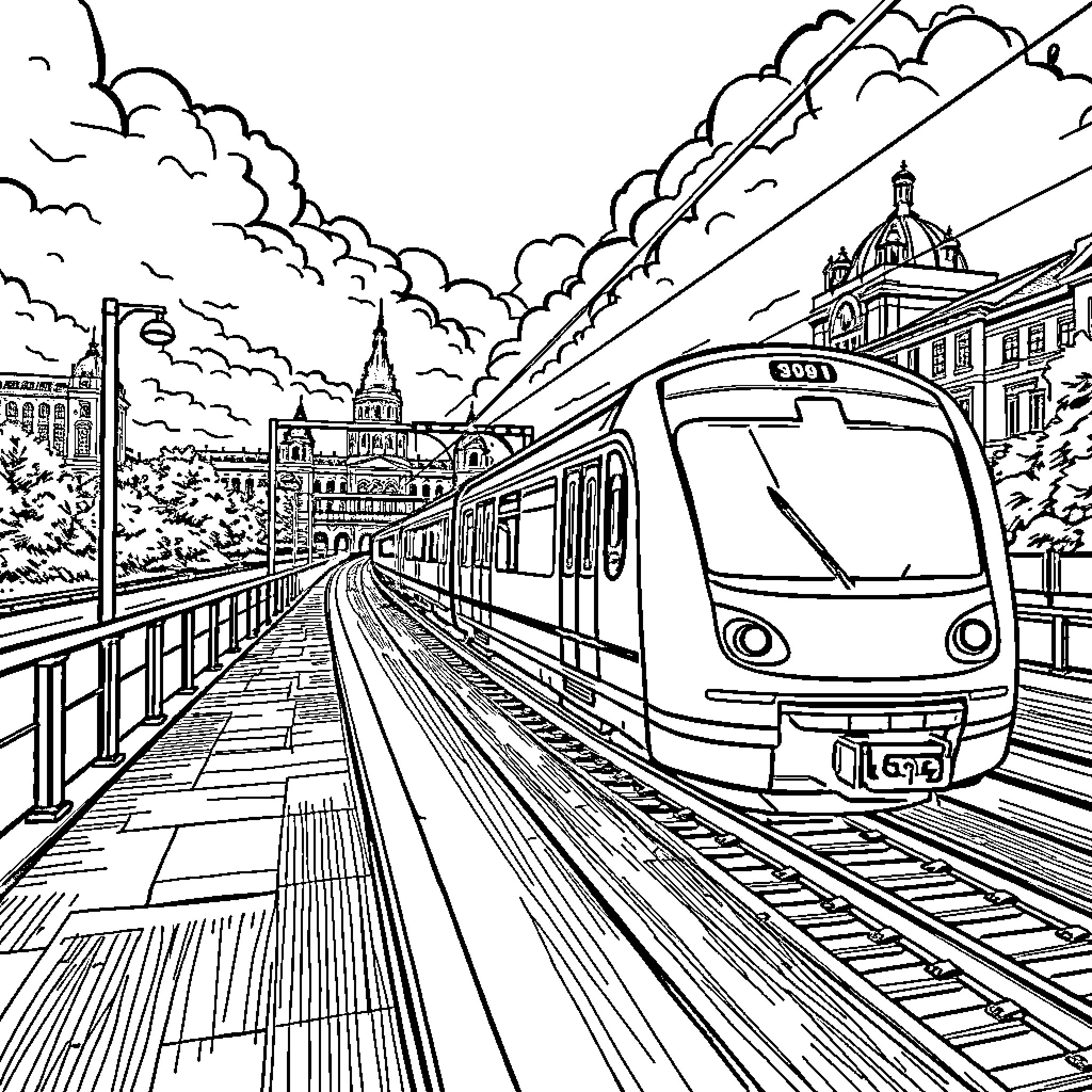 Rapid Bucuresti train speeding through the city Coloring Page (free black-and-white line drawing printable PDF for all, from beginners to advanced learners, including children, teens, adults, and seniors)