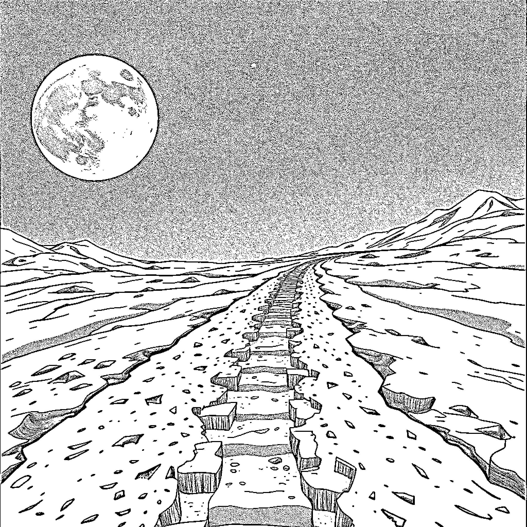 Track through snowy landscape under moonlight Coloring Page (free black-and-white line drawing printable PDF for all, from beginners to advanced learners, including children, teens, adults, and seniors)