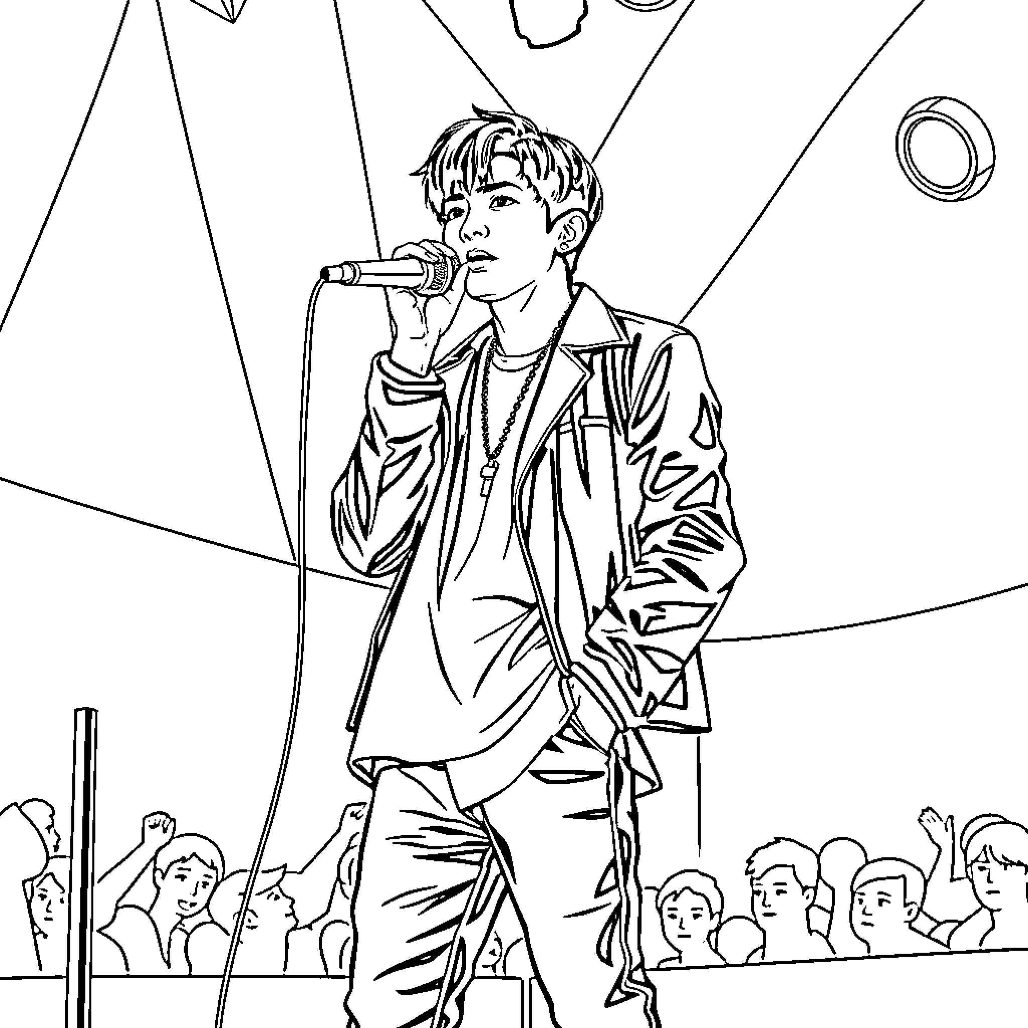Suga performing passionately on stage Coloring Page (free black-and-white line drawing printable PDF for all, from beginners to advanced learners, including children, teens, adults, and seniors)