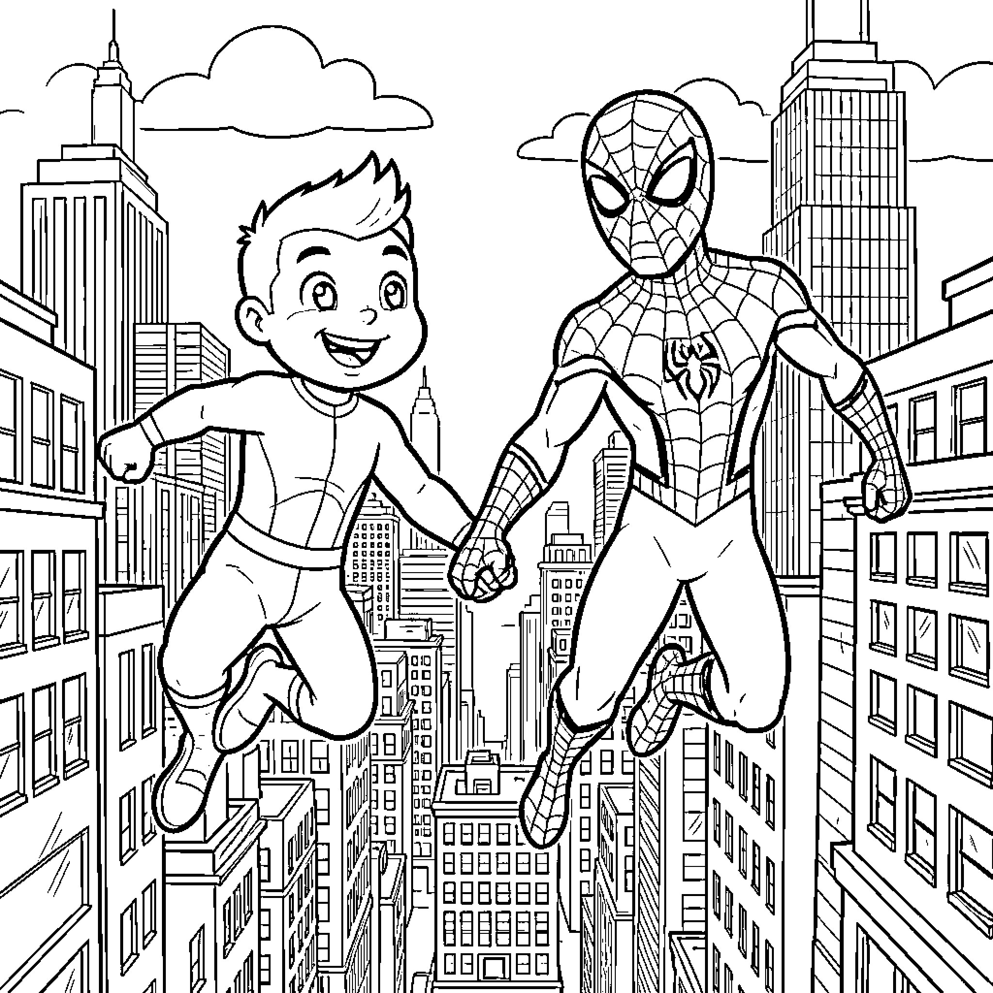 Dexter and Spiderman Adventure in the City Coloring Page (free black-and-white line drawing printable PDF for all, from beginners to advanced learners, including children, teens, adults, and seniors)