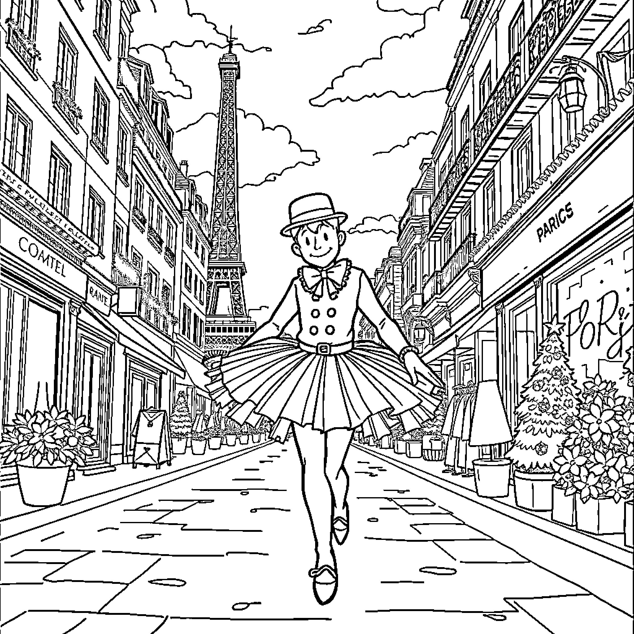 Jack's Parisian Adventure Coloring Page (free black-and-white line drawing printable PDF for all, from beginners to advanced learners, including children, teens, adults, and seniors)