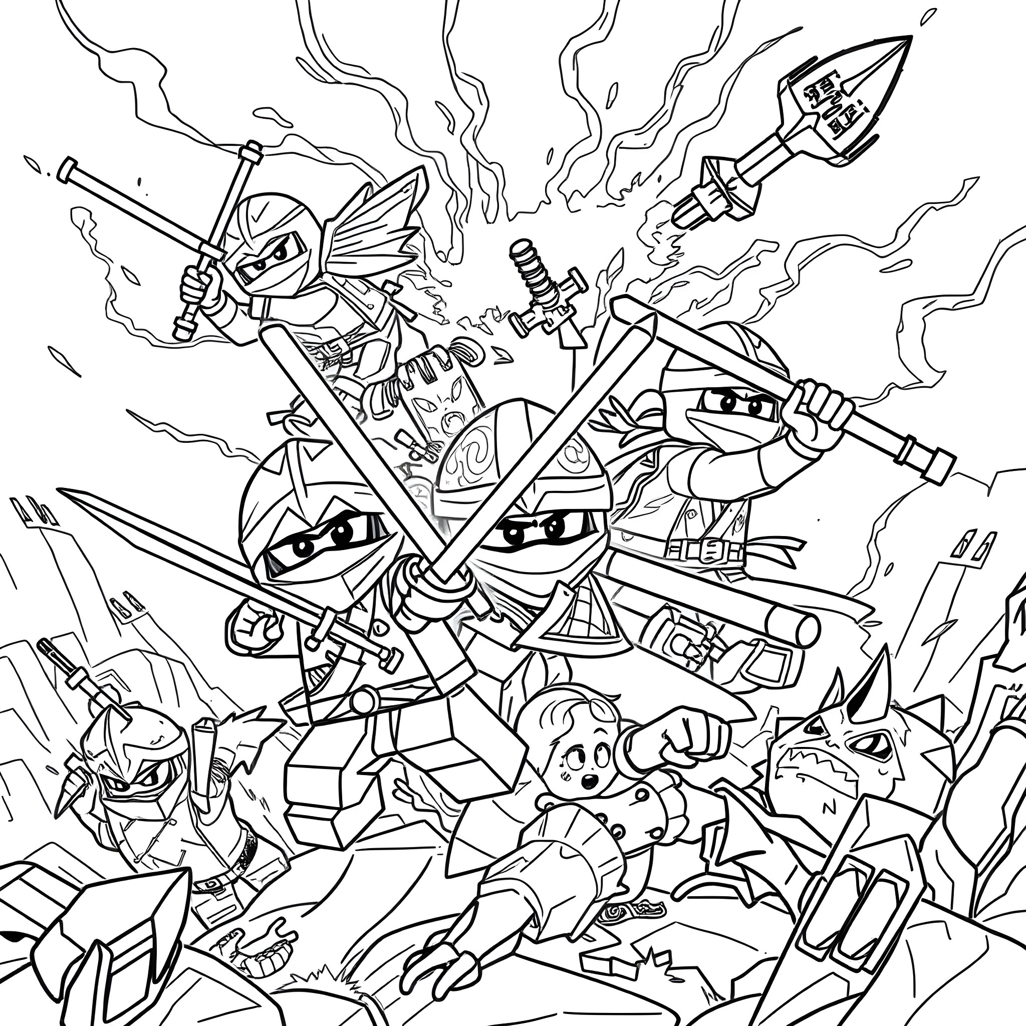 Ninjago Ninjas in Intense Battle with Weapons Coloring Page (free black-and-white line drawing printable PDF for all, from beginners to advanced learners, including children, teens, adults, and seniors)