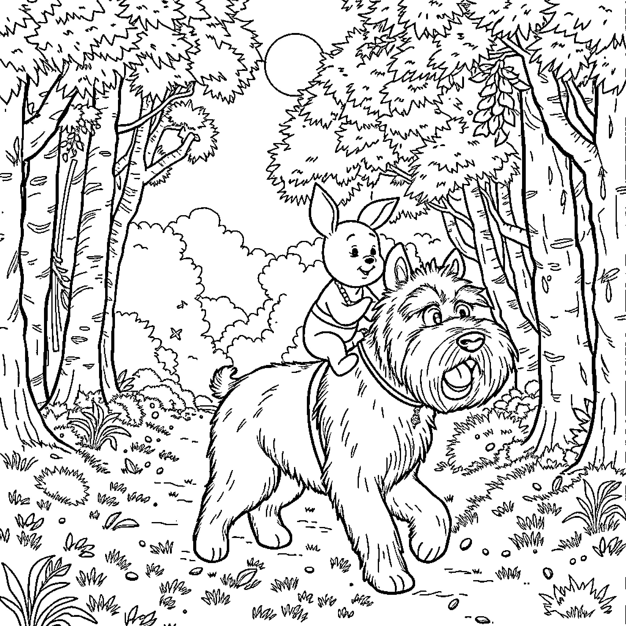 Winnie The Pooh and Friends Exploring the Forest Coloring Page (free black-and-white line drawing printable PDF for all, from beginners to advanced learners, including children, teens, adults, and seniors)