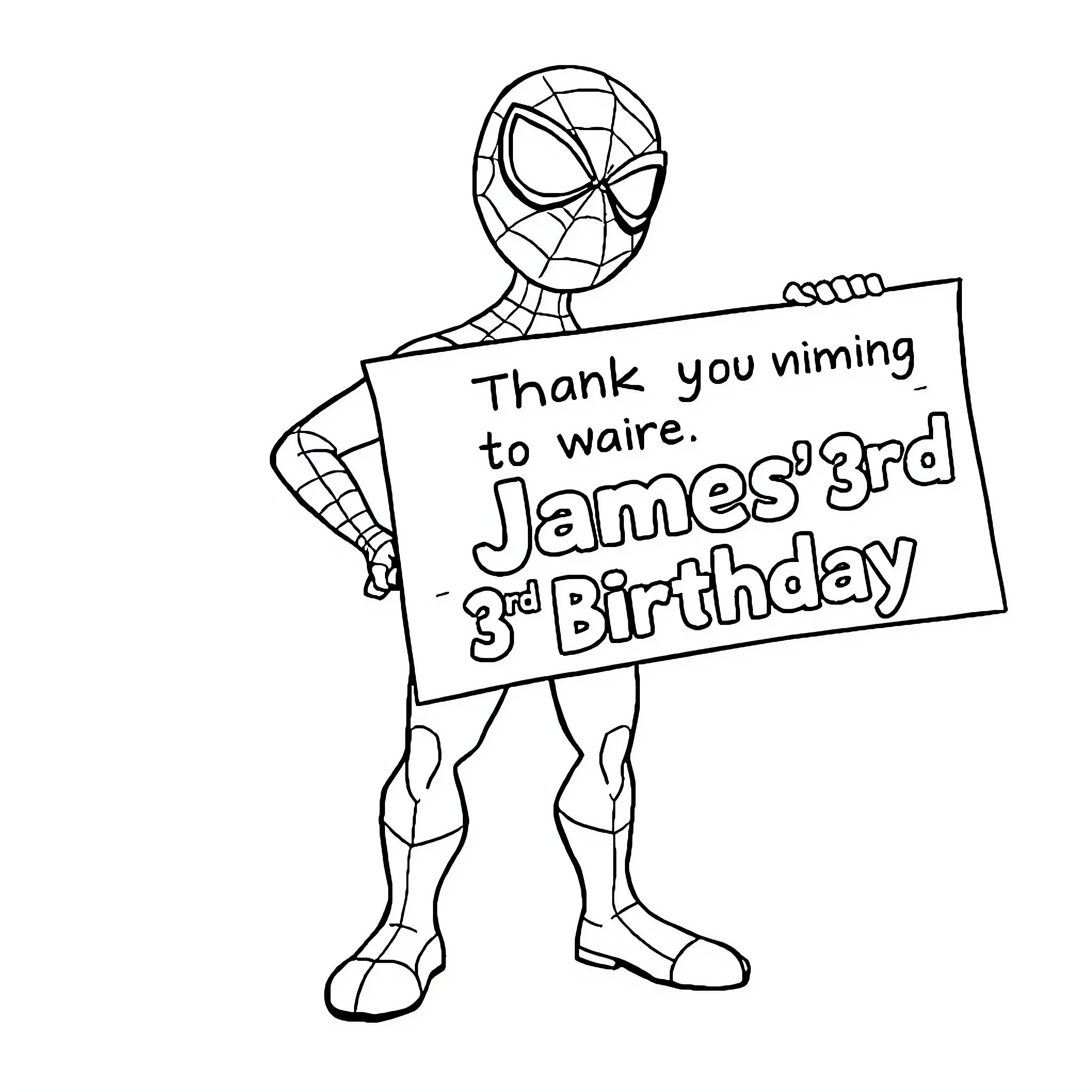 Spiderman holding birthday message for James Coloring Page (free black-and-white line drawing printable PDF for all, from beginners to advanced learners, including children, teens, adults, and seniors)