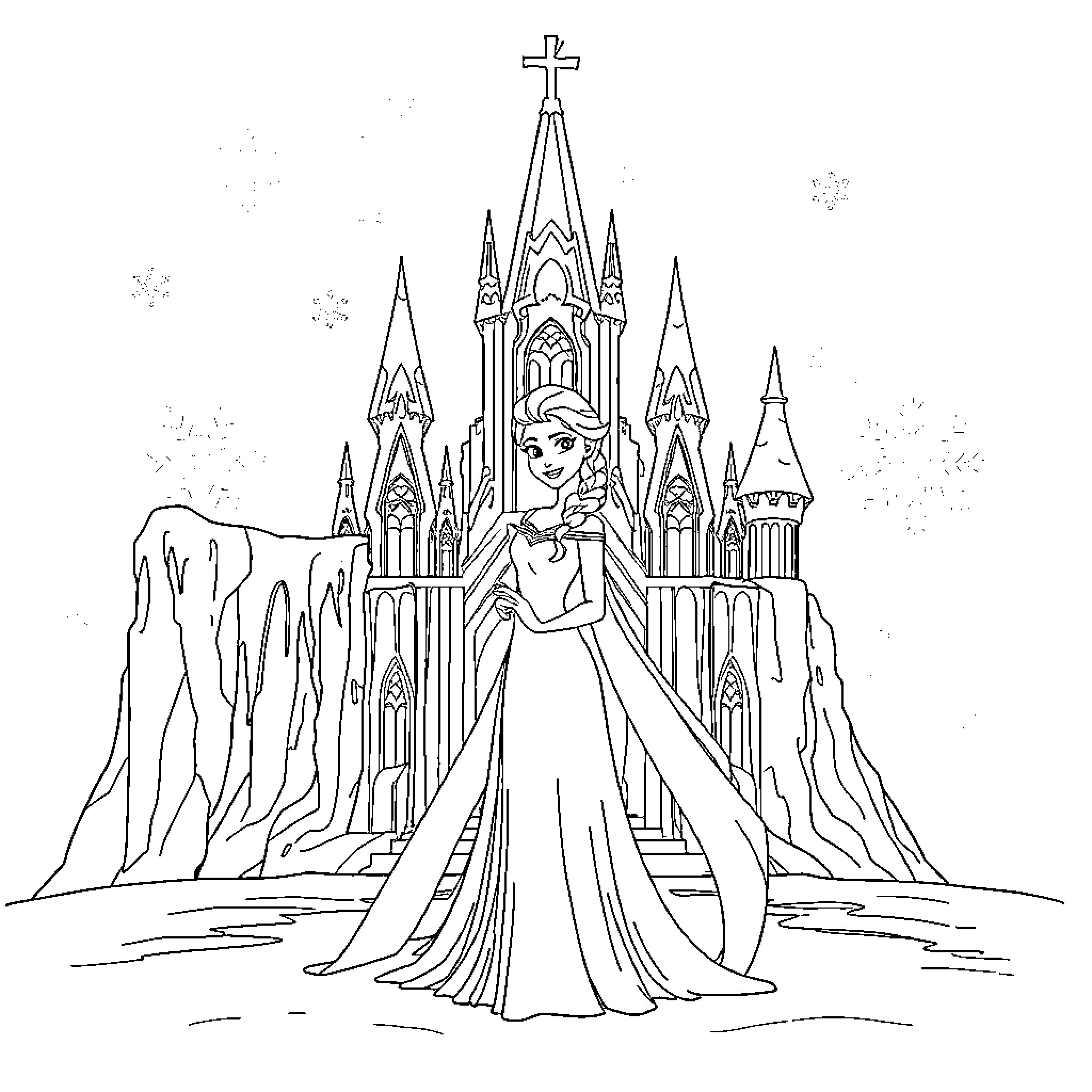 Elsa standing elegantly in front of a majestic ice palace Coloring Page (free black-and-white line drawing printable PDF for all, from beginners to advanced learners, including children, teens, adults, and seniors)