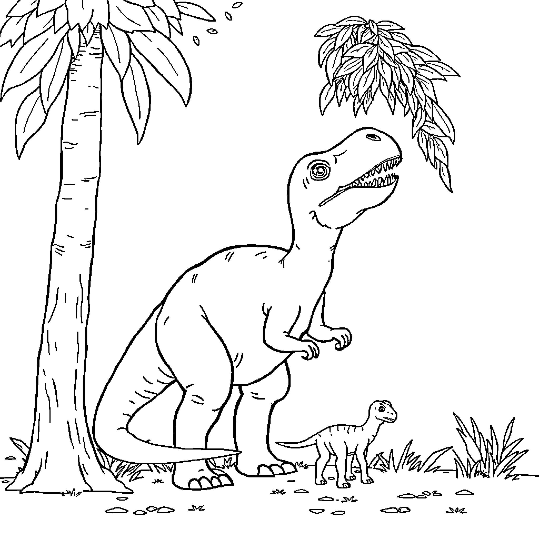 Brontosaurus family in prehistoric landscape Coloring Page (free black-and-white line drawing printable PDF for all, from beginners to advanced learners, including children, teens, adults, and seniors)