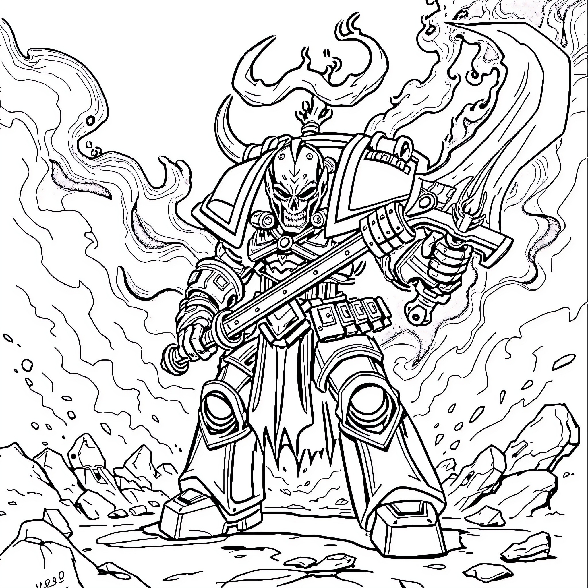 Chaos Marine Unleashing Destructive Power Coloring Page (free black-and-white line drawing printable PDF for all, from beginners to advanced learners, including children, teens, adults, and seniors)