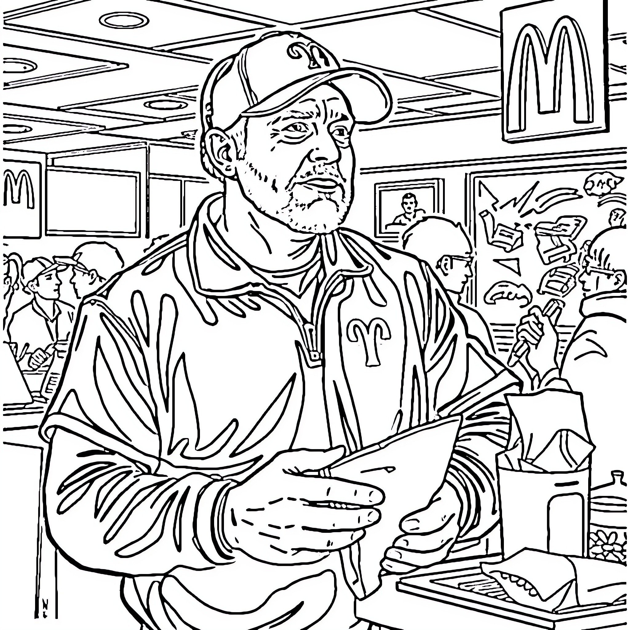 Mike Tomlin working behind the counter in a fast food restaurant Coloring Page (free black-and-white line drawing printable PDF for all, from beginners to advanced learners, including children, teens, adults, and seniors)