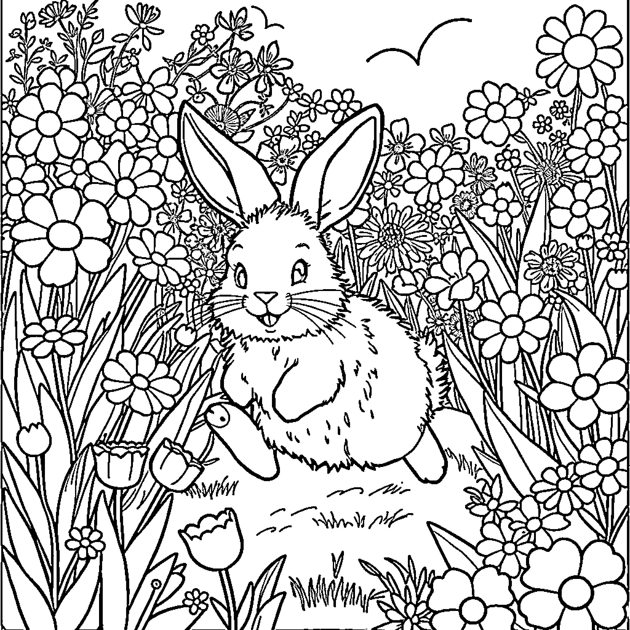 Bunny surrounded by beautiful floral garden Coloring Page (free black-and-white line drawing printable PDF for all, from beginners to advanced learners, including children, teens, adults, and seniors)
