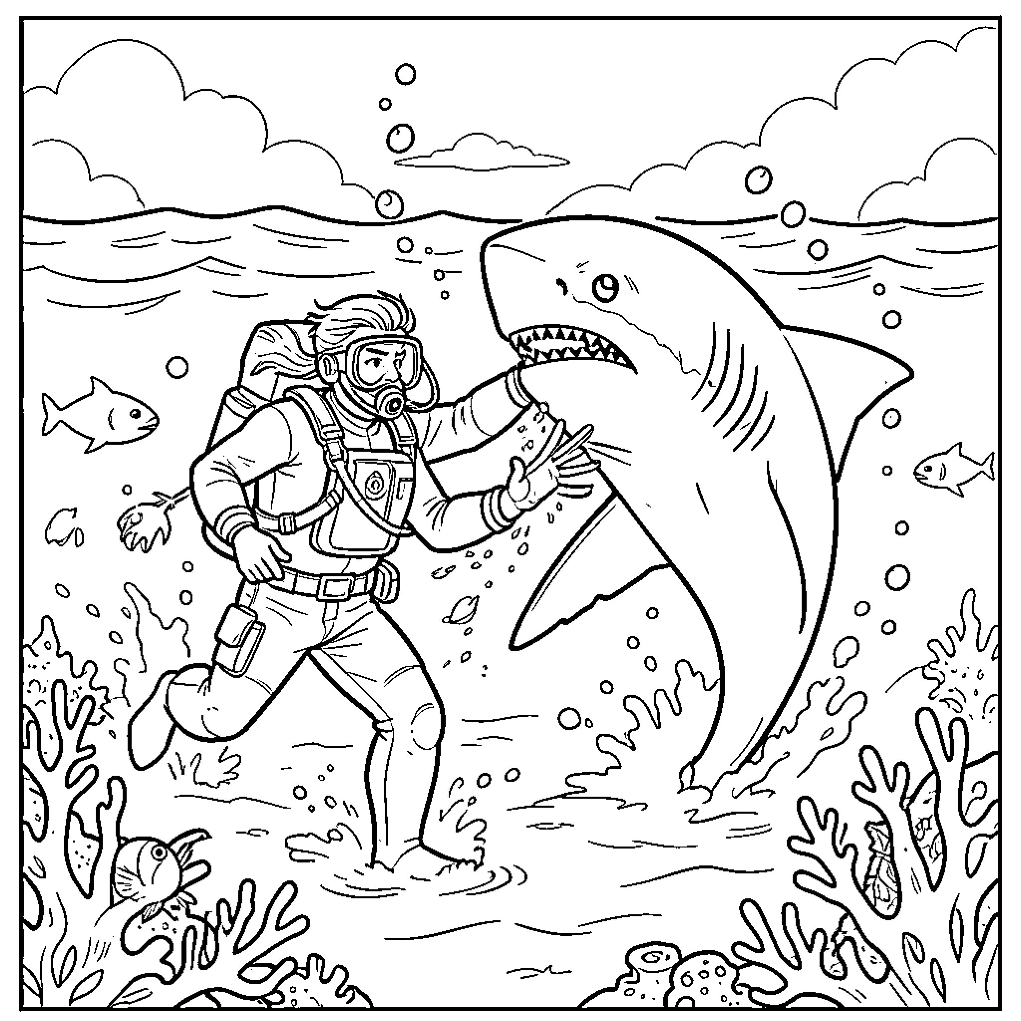 Diver exploring underwater with a shark Coloring Page (free black-and-white line drawing printable PDF for all, from beginners to advanced learners, including children, teens, adults, and seniors)