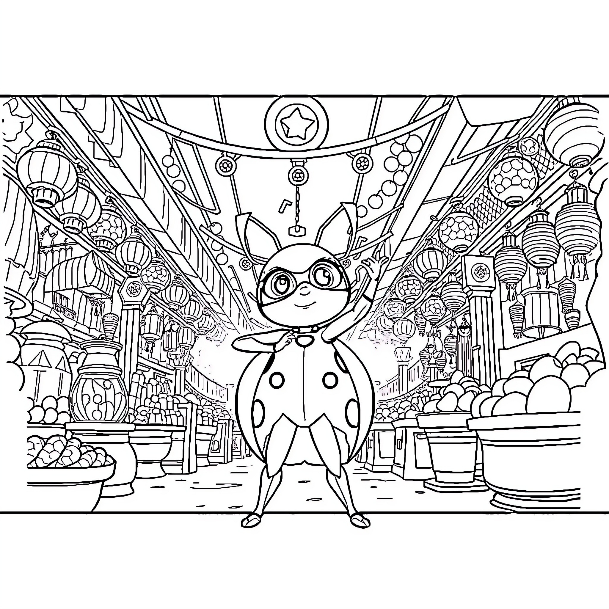 Ladybug exploring a whimsical and vibrant city Coloring Page (free black-and-white line drawing printable PDF for all, from beginners to advanced learners, including children, teens, adults, and seniors)