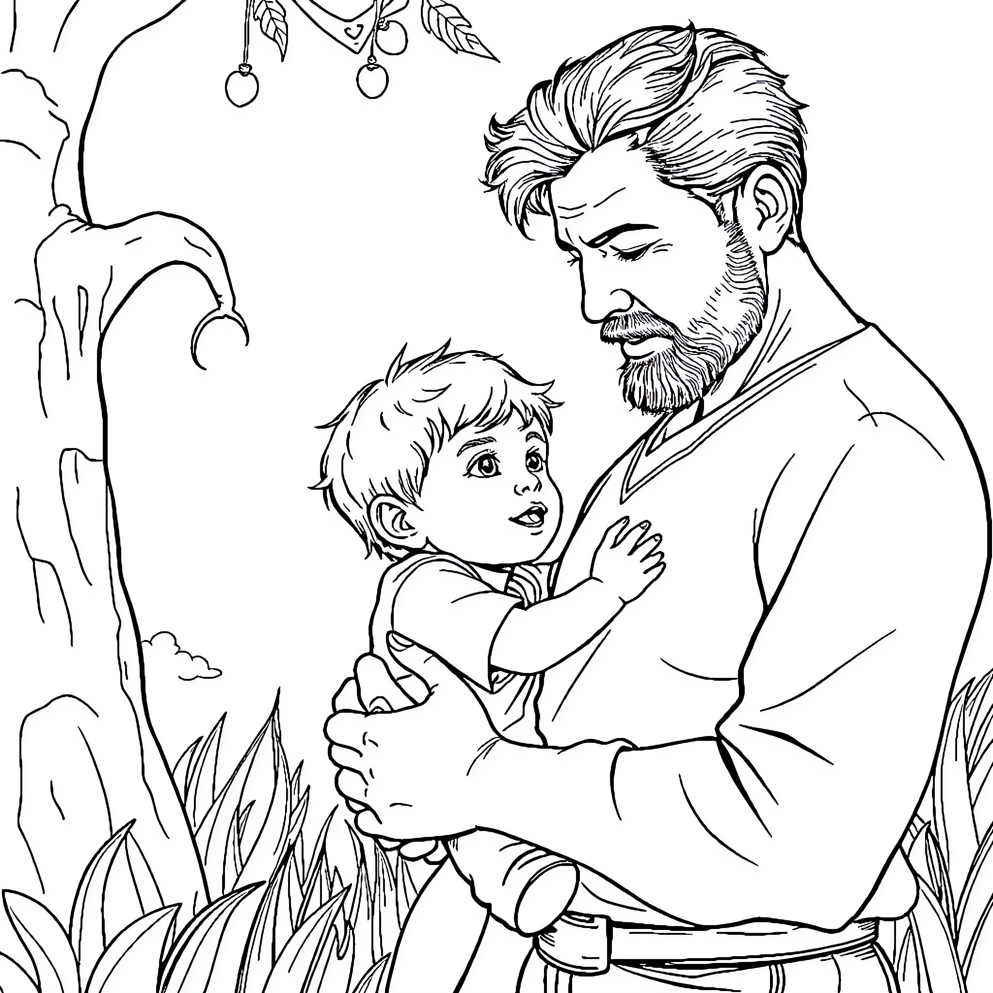 Hijo and Child in Nature's Embrace Coloring Page (free black-and-white line drawing printable PDF for all, from beginners to advanced learners, including children, teens, adults, and seniors)