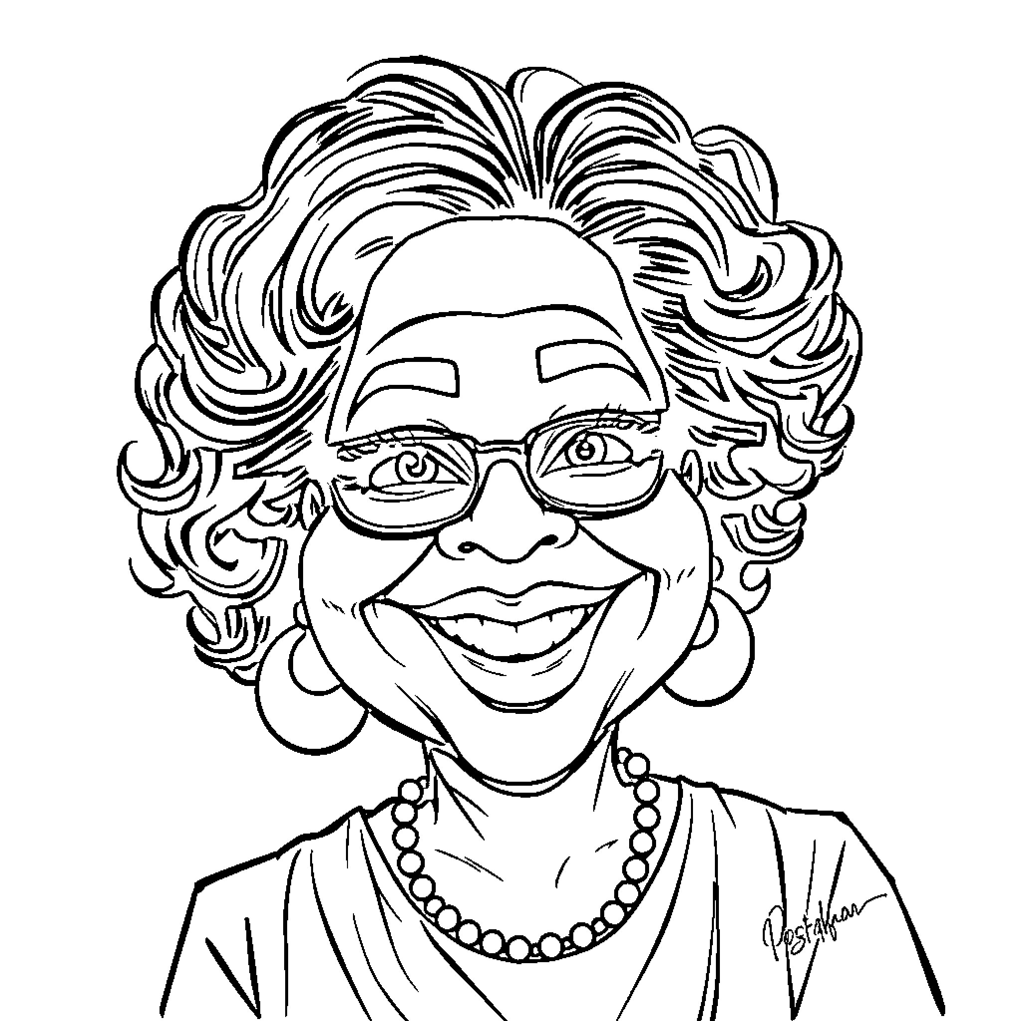 Oprah Winfrey smiling joyfully in stylish attire Coloring Page (free black-and-white line drawing printable PDF for all, from beginners to advanced learners, including children, teens, adults, and seniors)