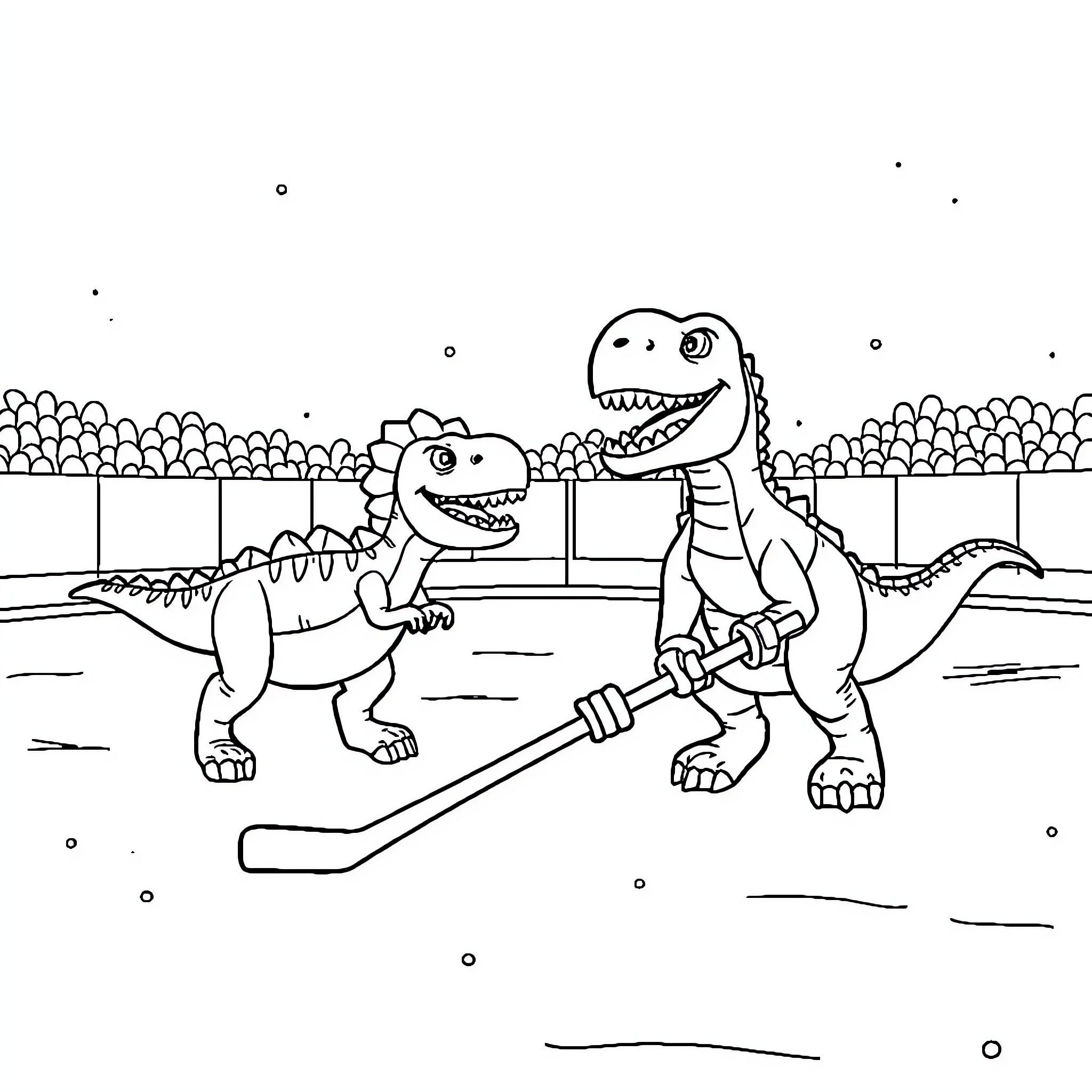 Dinosaurs playing baseball on the field Coloring Page (free black-and-white line drawing printable PDF for all, from beginners to advanced learners, including children, teens, adults, and seniors)