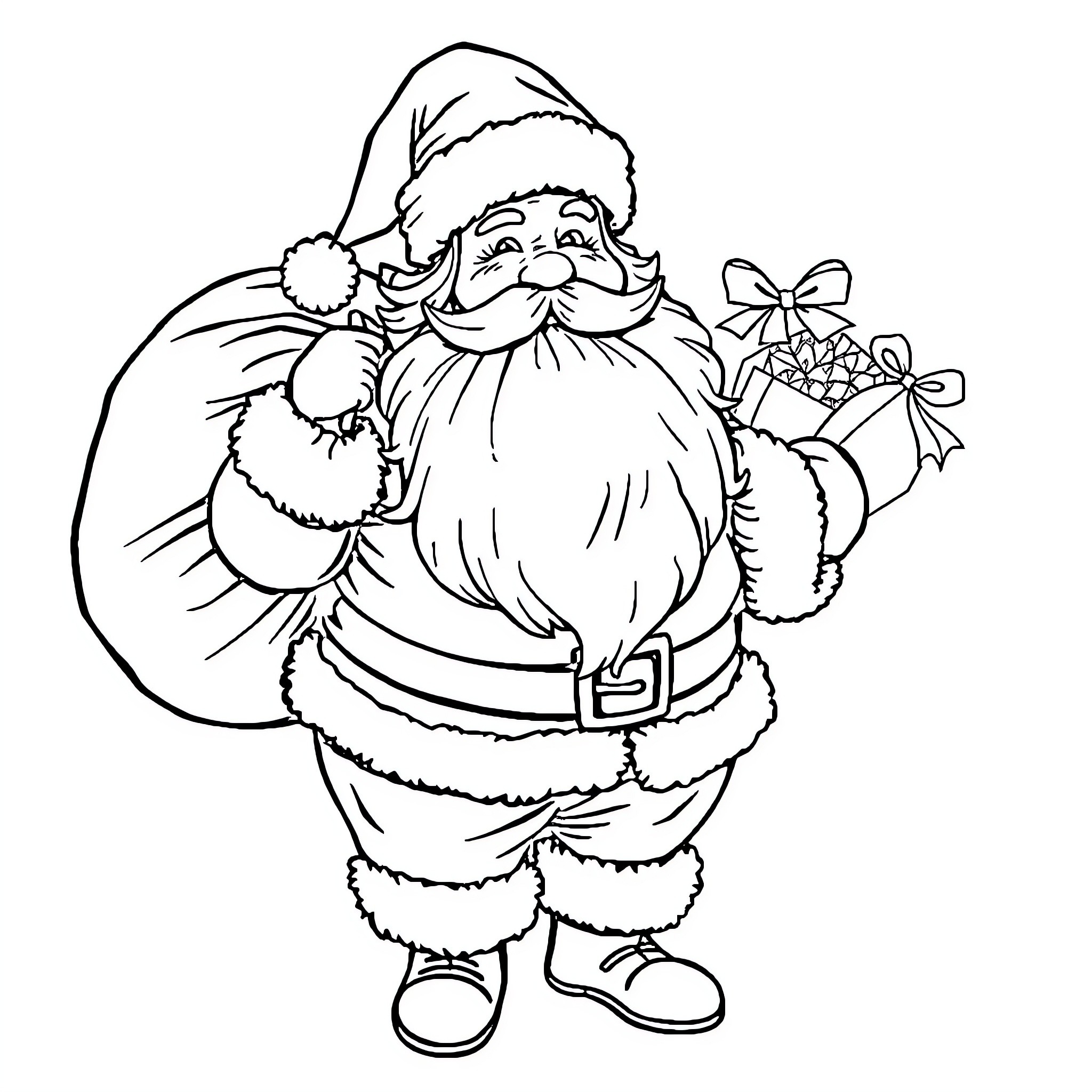 Santa Claus carrying gifts and smiling happily Coloring Page (free black-and-white line drawing printable PDF for all, from beginners to advanced learners, including children, teens, adults, and seniors)