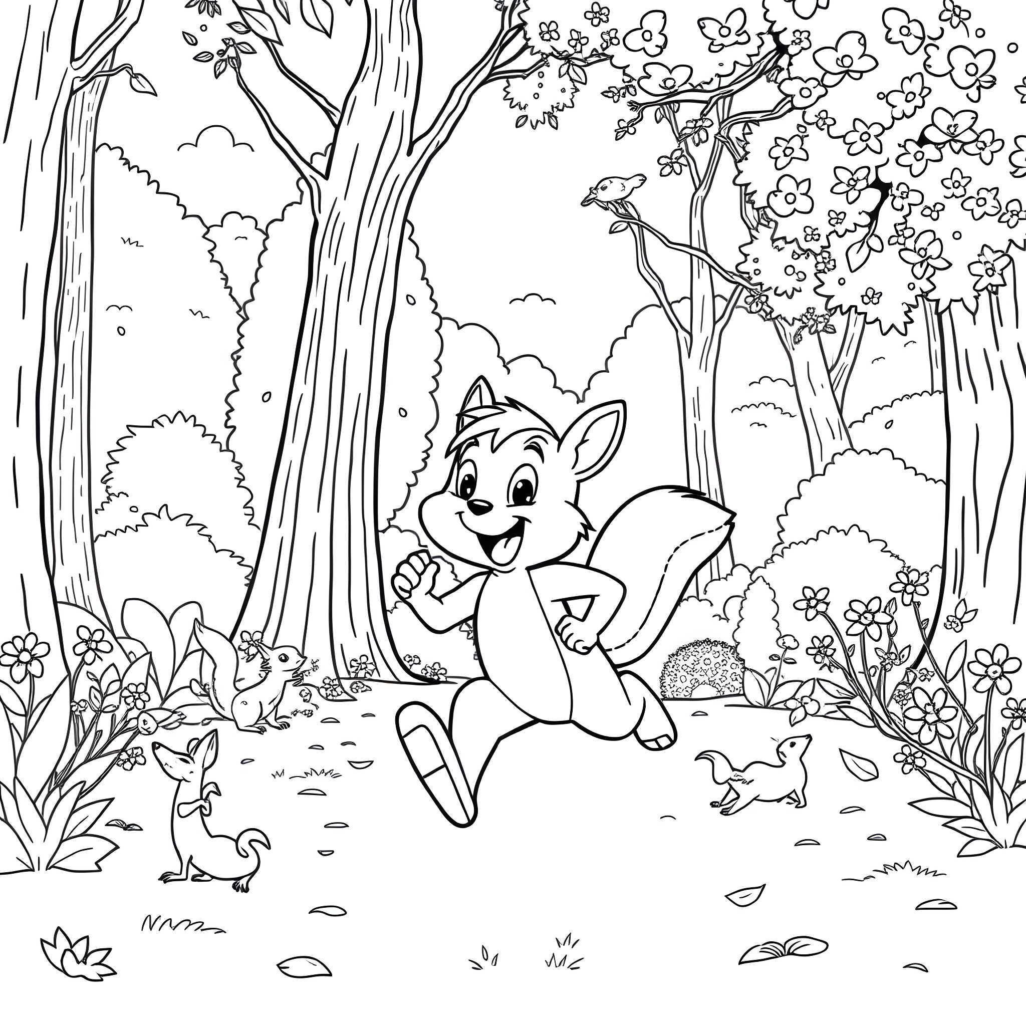 Udin, the playful squirrel, in the enchanting forest Coloring Page (free black-and-white line drawing printable PDF for all, from beginners to advanced learners, including children, teens, adults, and seniors)