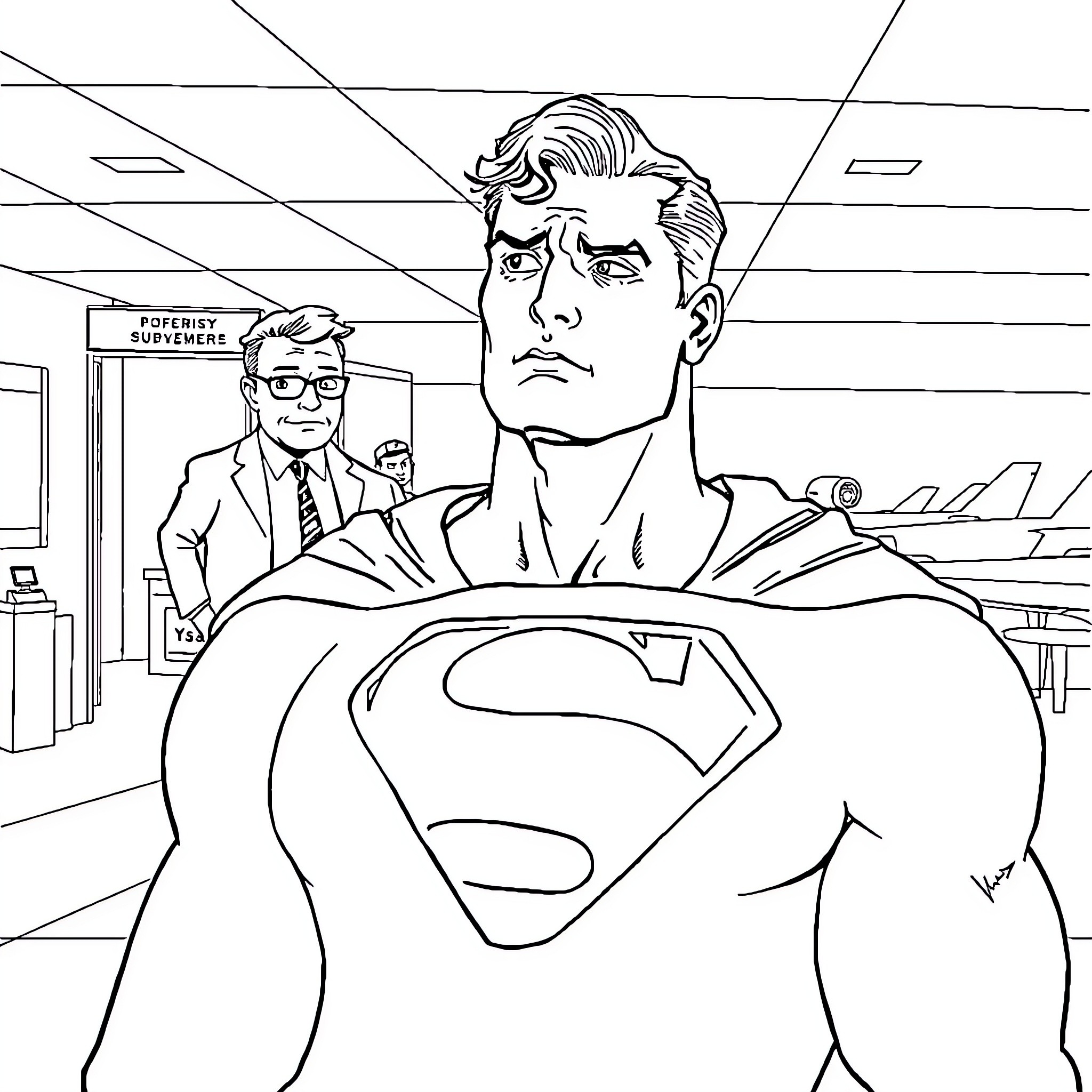 Superman heroically saving the day in a city office Coloring Page (free black-and-white line drawing printable PDF for all, from beginners to advanced learners, including children, teens, adults, and seniors)