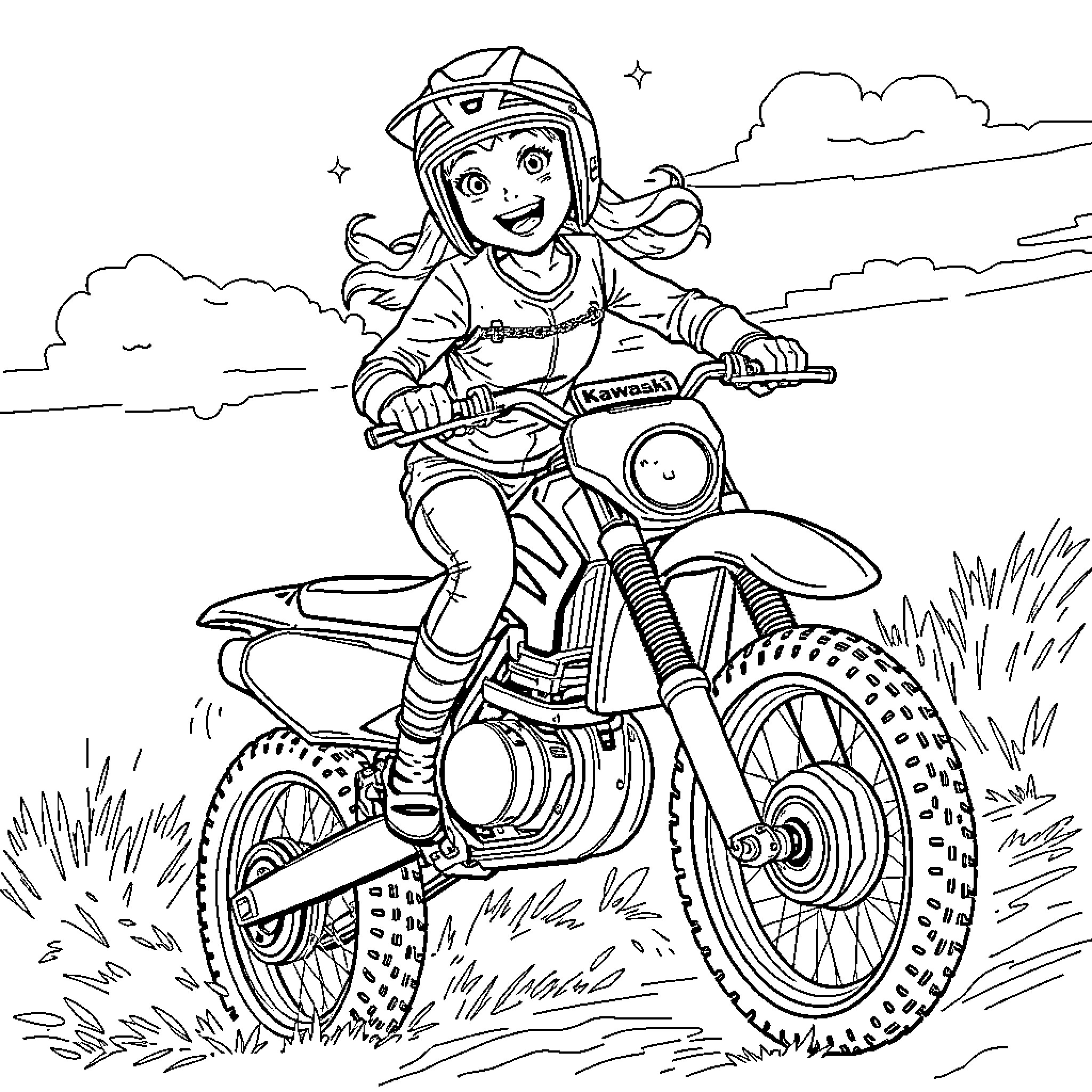 Girl riding a dirt bike through the countryside Coloring Page (free black-and-white line drawing printable PDF for all, from beginners to advanced learners, including children, teens, adults, and seniors)