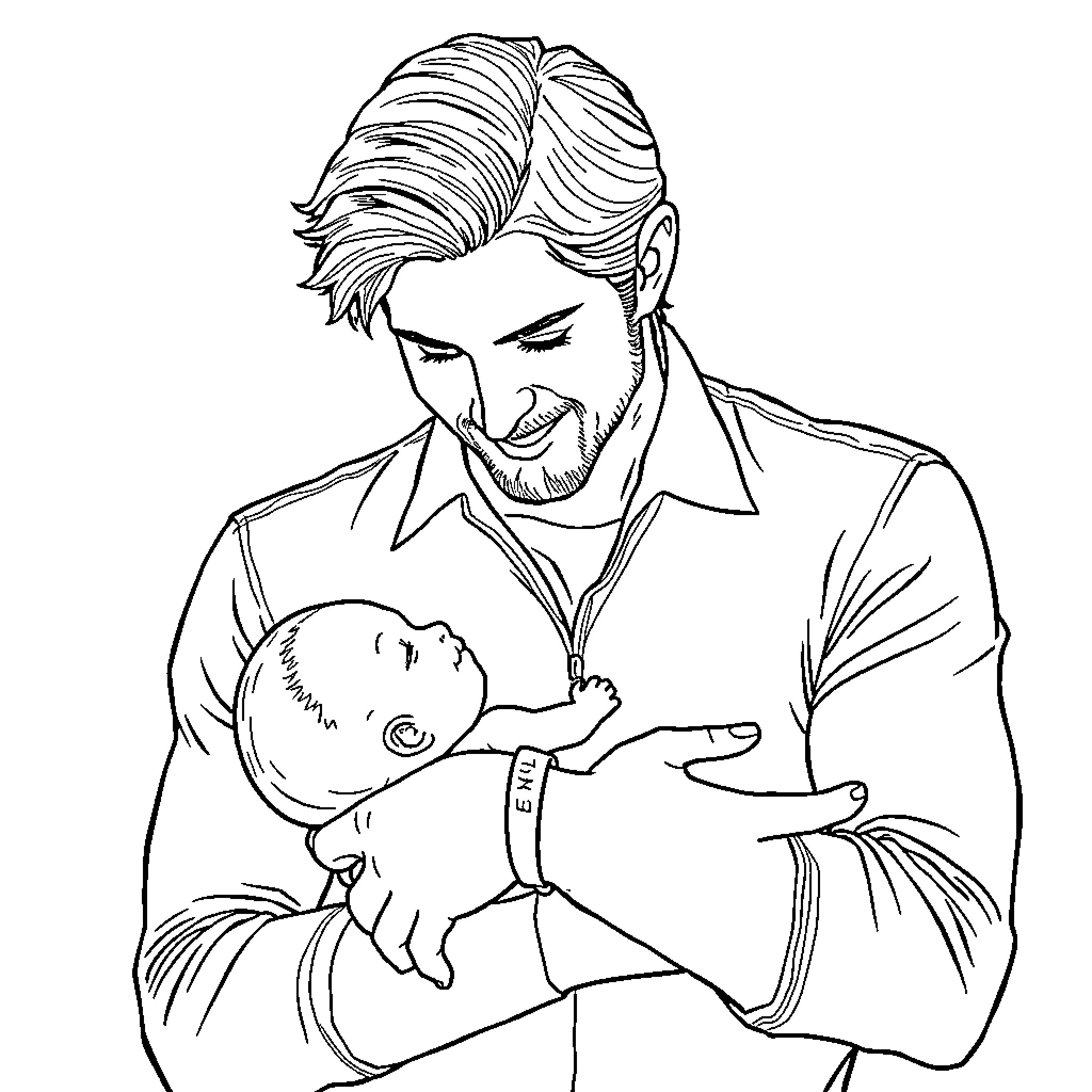 Castiel tenderly holding a sleeping baby Coloring Page (free black-and-white line drawing printable PDF for all, from beginners to advanced learners, including children, teens, adults, and seniors)
