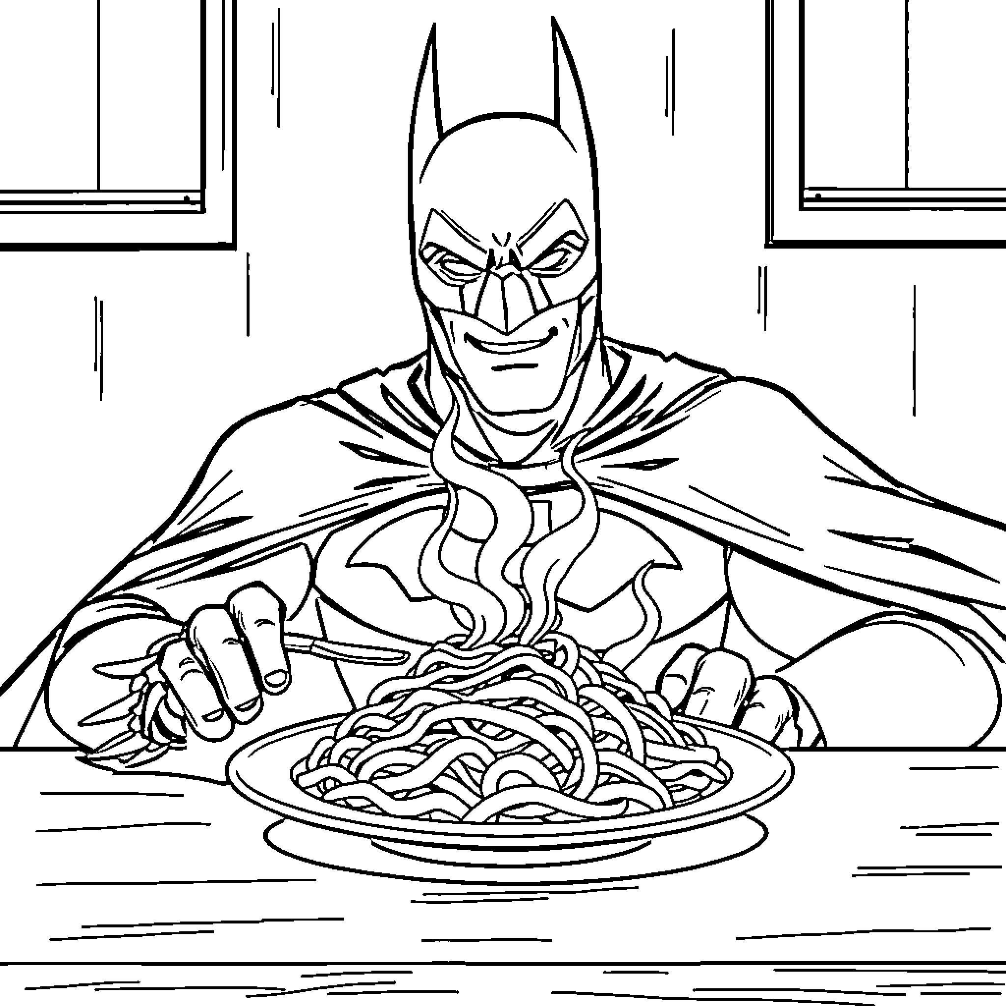 Batman eating spaghetti with determination Coloring Page (free black-and-white line drawing printable PDF for all, from beginners to advanced learners, including children, teens, adults, and seniors)