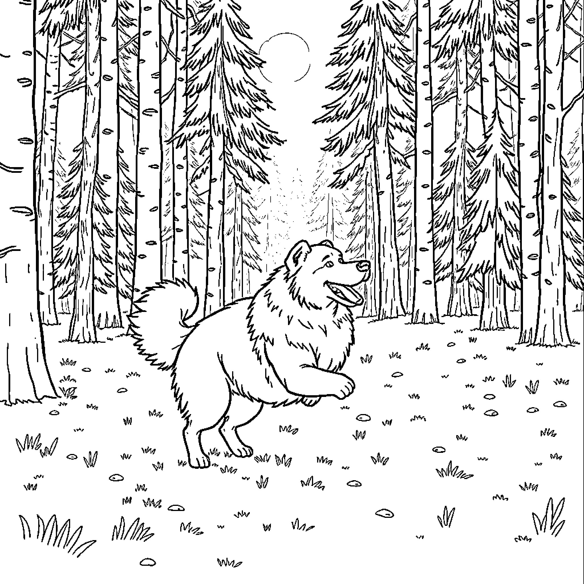Woman walking through a forest Coloring Page (free black-and-white line drawing printable PDF for all, from beginners to advanced learners, including children, teens, adults, and seniors)