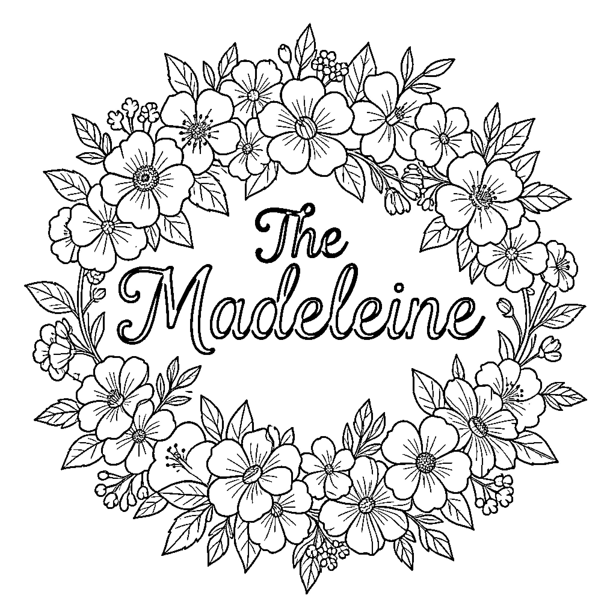 Madeleine framed within a beautiful floral wreath Coloring Page (free black-and-white line drawing printable PDF for all, from beginners to advanced learners, including children, teens, adults, and seniors)