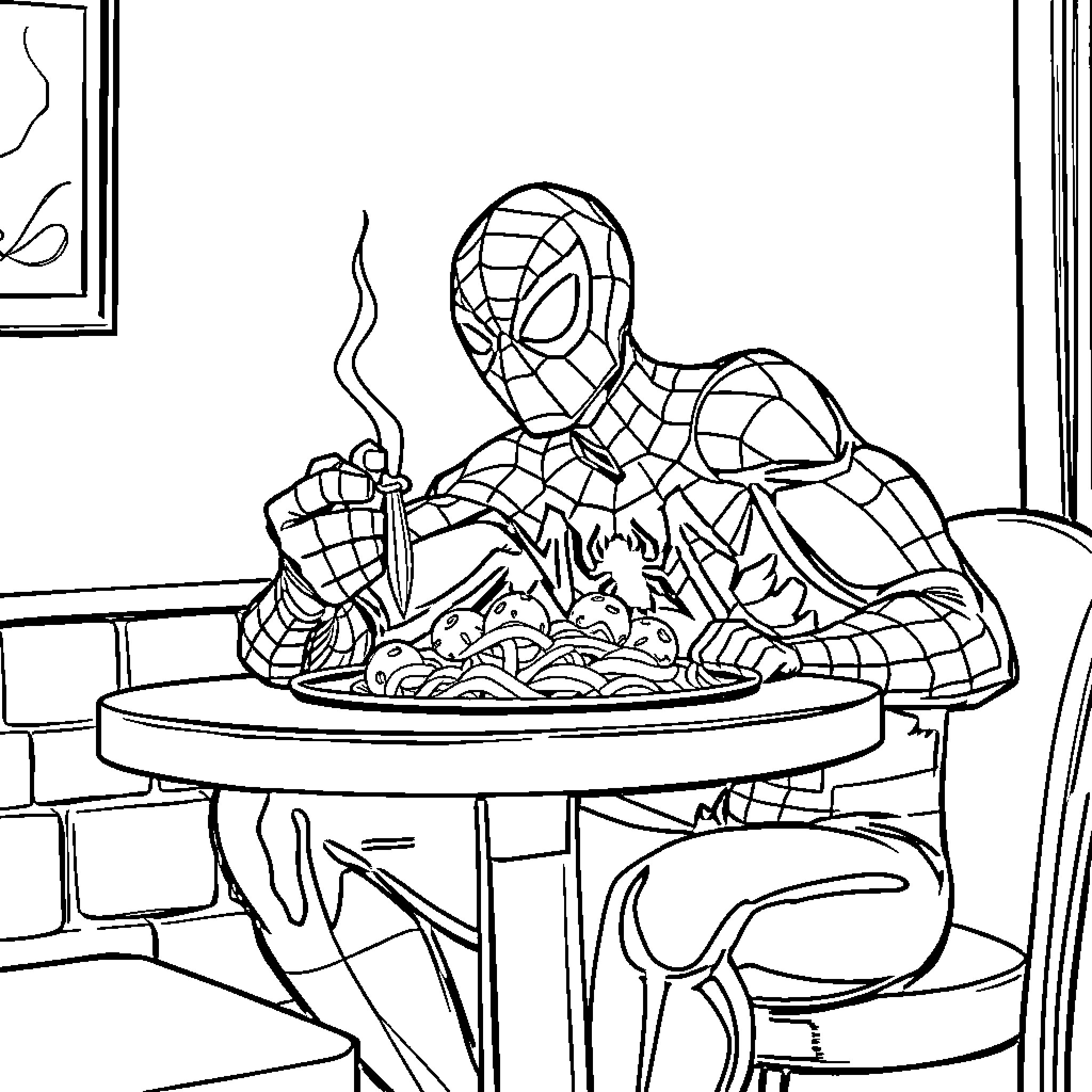 Spiderman eating a hot meal in a cozy setting Coloring Page (free black-and-white line drawing printable PDF for all, from beginners to advanced learners, including children, teens, adults, and seniors)
