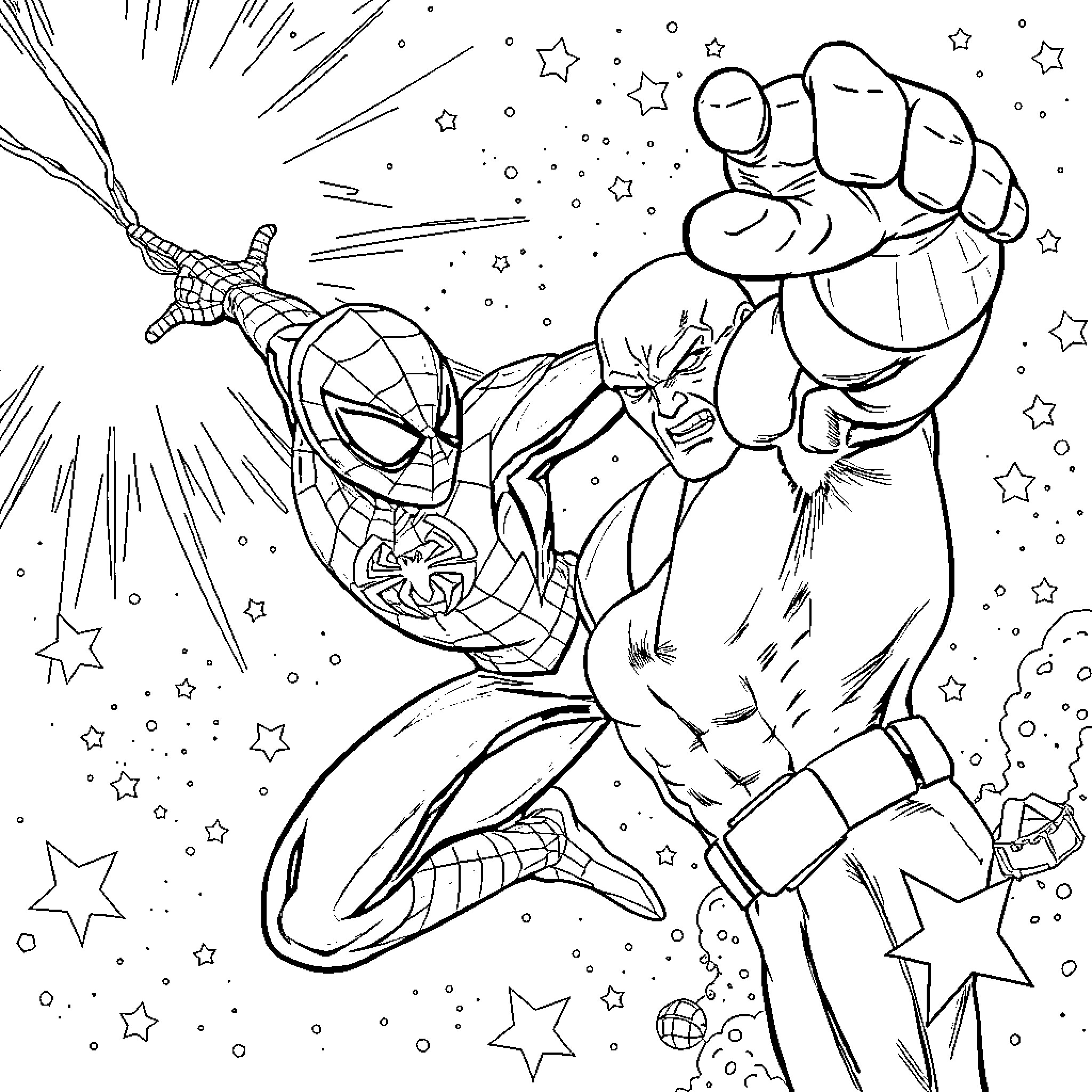 Spiderman wielding his web shooter in action Coloring Page (free black-and-white line drawing printable PDF for all, from beginners to advanced learners, including children, teens, adults, and seniors)