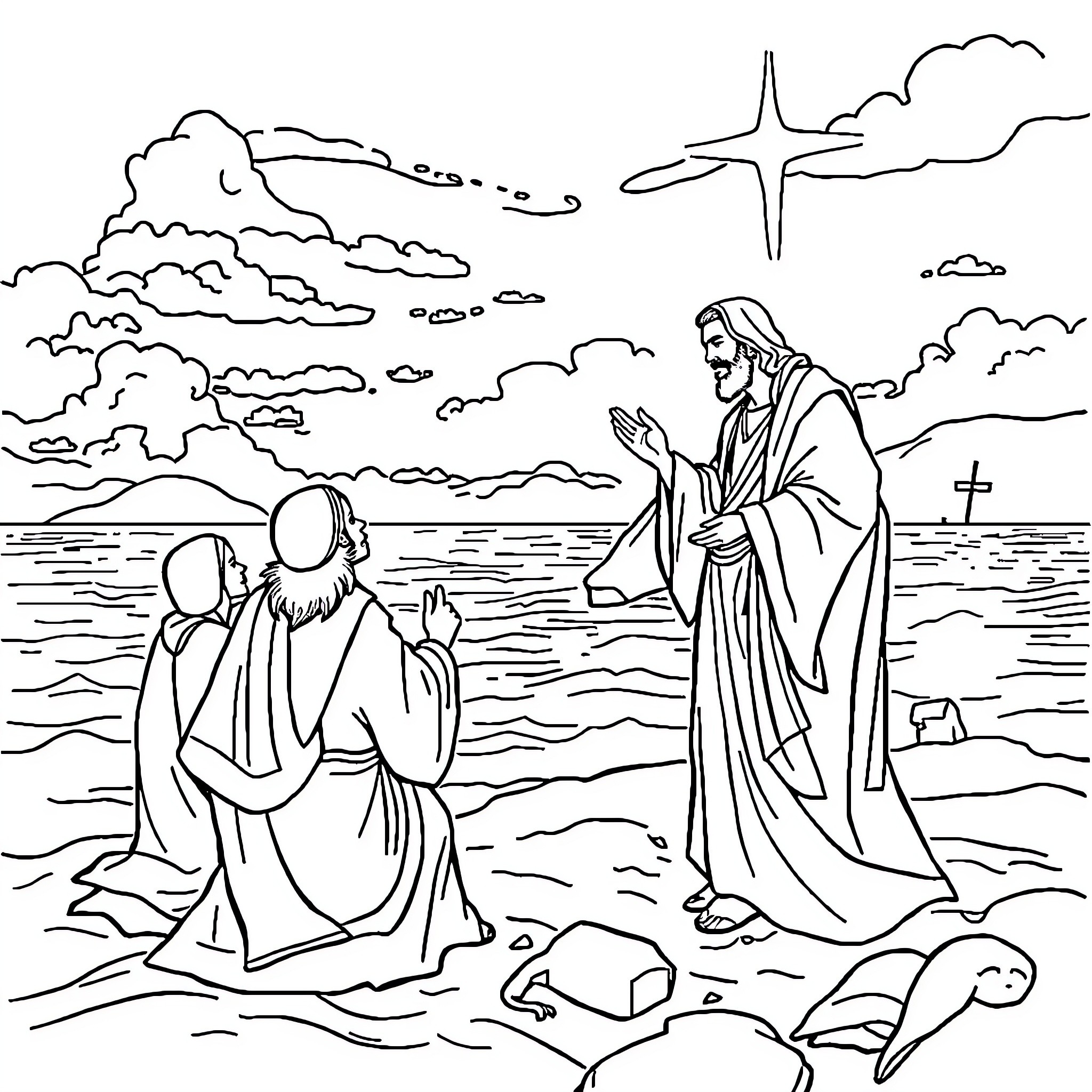 Jesus Preaching to the Disciples by the Sea Coloring Page (free black-and-white line drawing printable PDF for all, from beginners to advanced learners, including children, teens, adults, and seniors)