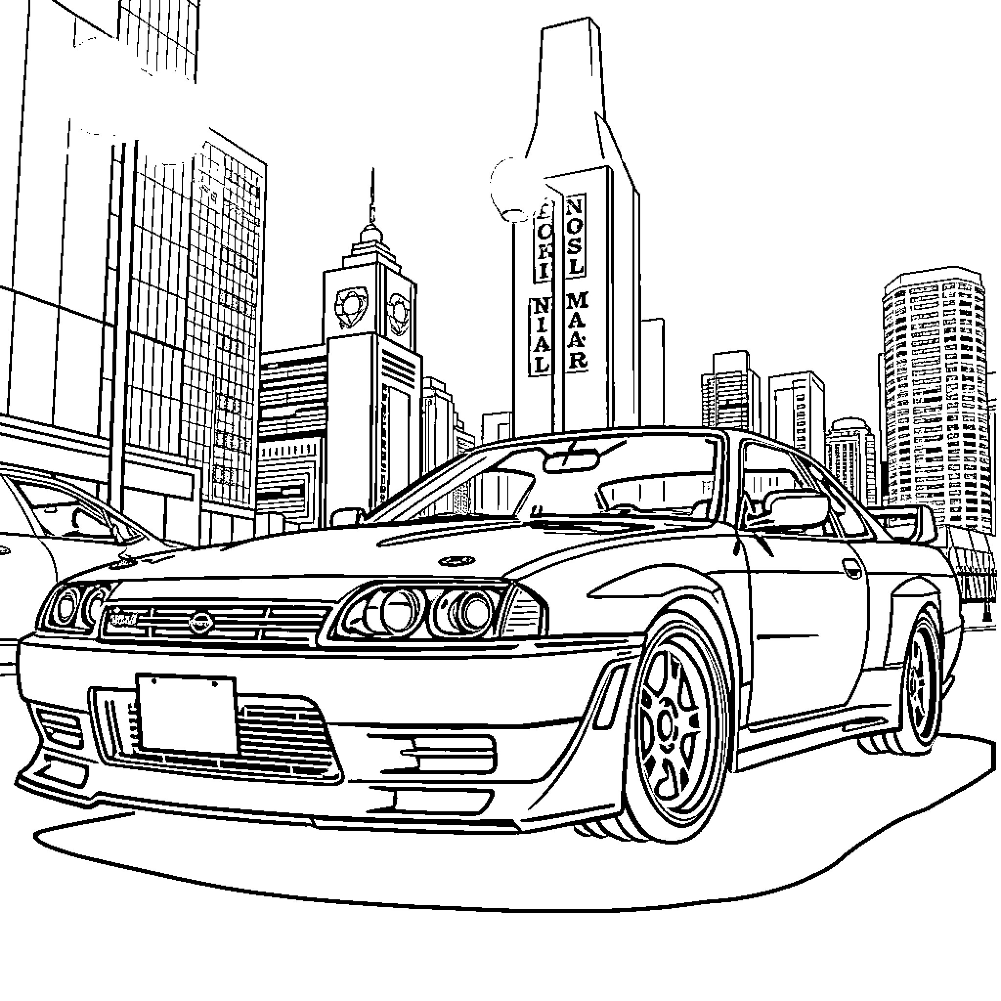 Nissan sports car in the city Coloring Page (free black-and-white line drawing printable PDF for all, from beginners to advanced learners, including children, teens, adults, and seniors)