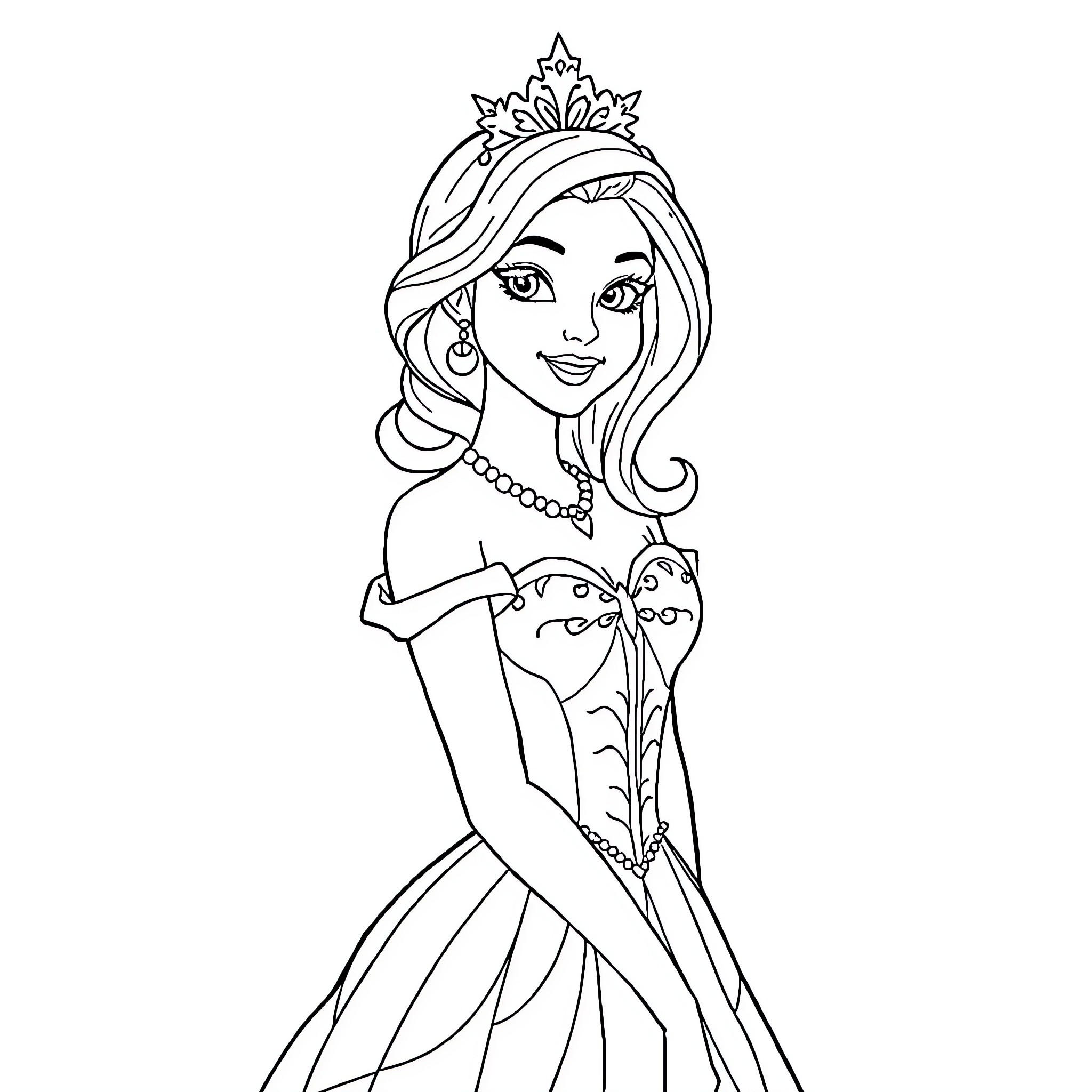 Cinderella in her princess dress and tiara Coloring Page (free black-and-white line drawing printable PDF for all, from beginners to advanced learners, including children, teens, adults, and seniors)