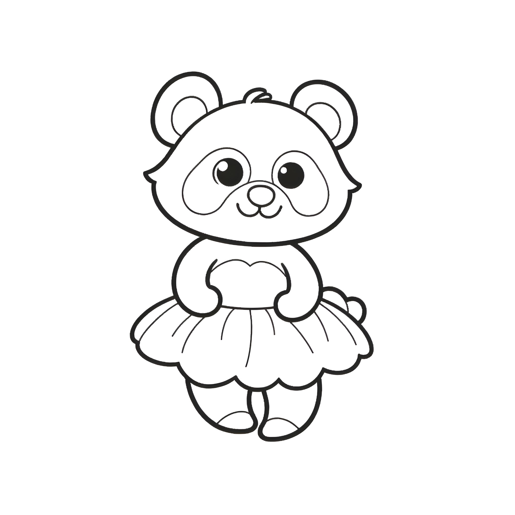 Panda bear in dress posing happily Coloring Page (free black-and-white line drawing printable PDF for all, from beginners to advanced learners, including children, teens, adults, and seniors)