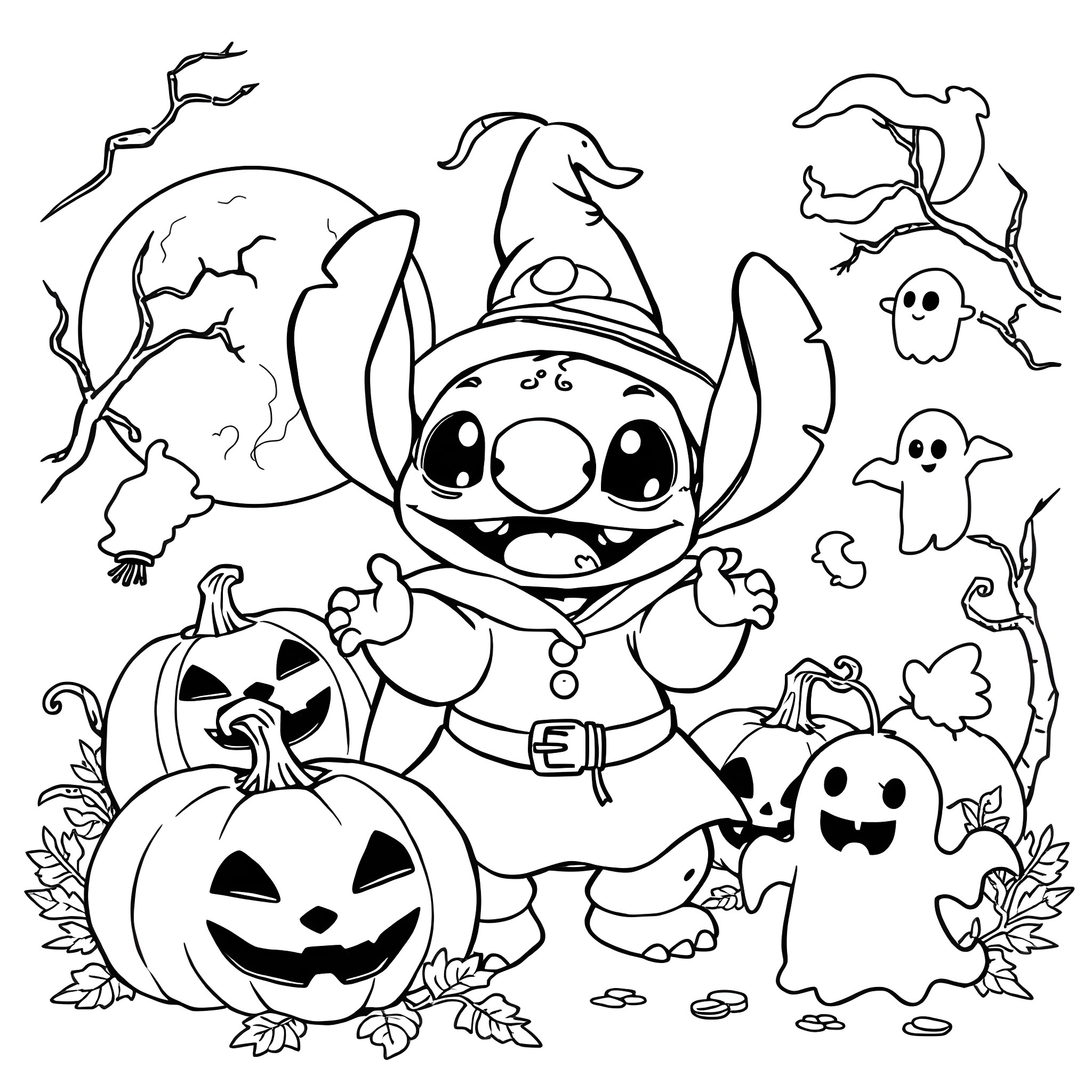 Stitch in a Halloween costume surrounded by spooky elements Coloring Page (free black-and-white line drawing printable PDF for all, from beginners to advanced learners, including children, teens, adults, and seniors)