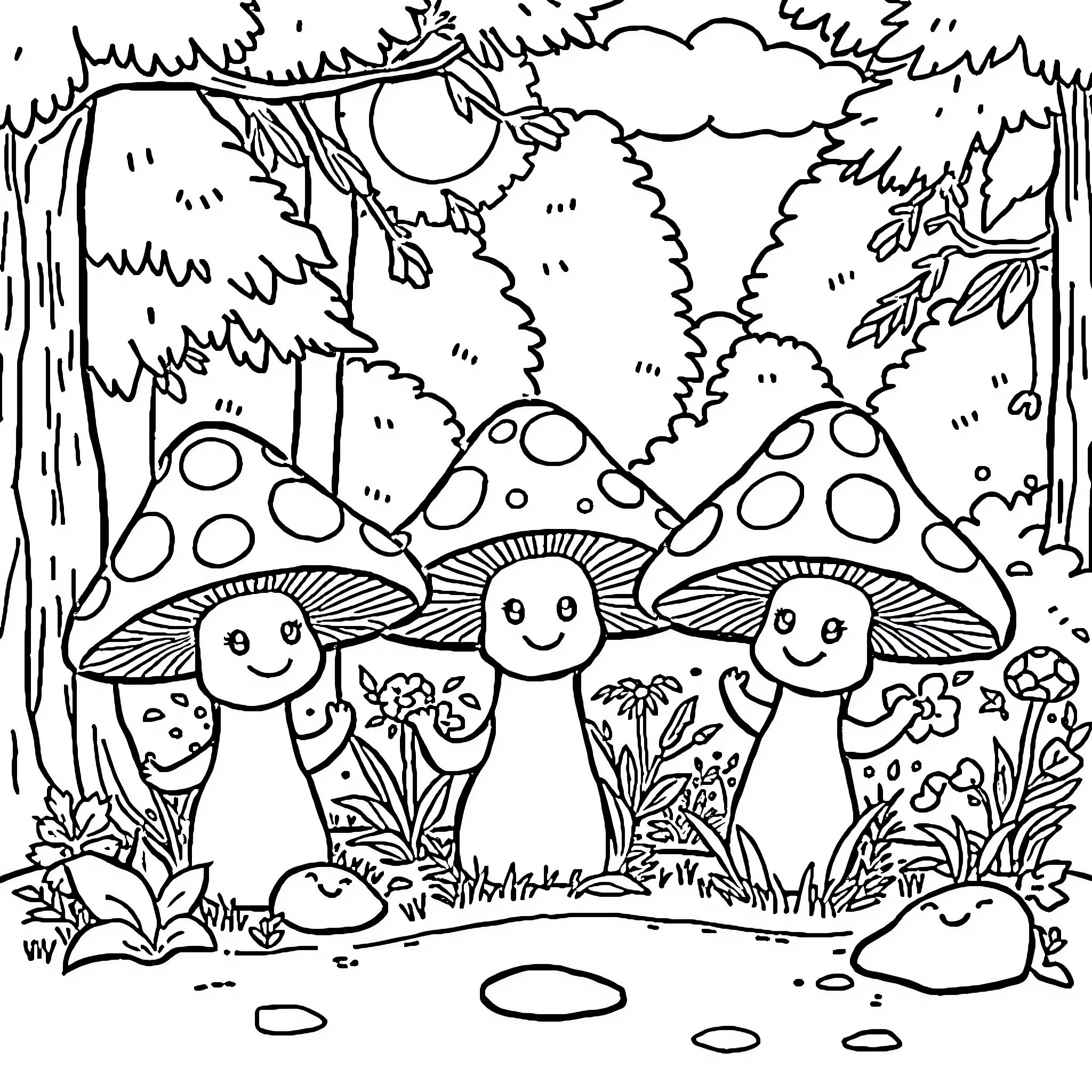 Mushroom friends in the enchanted forest Coloring Page (free black-and-white line drawing printable PDF for all, from beginners to advanced learners, including children, teens, adults, and seniors)