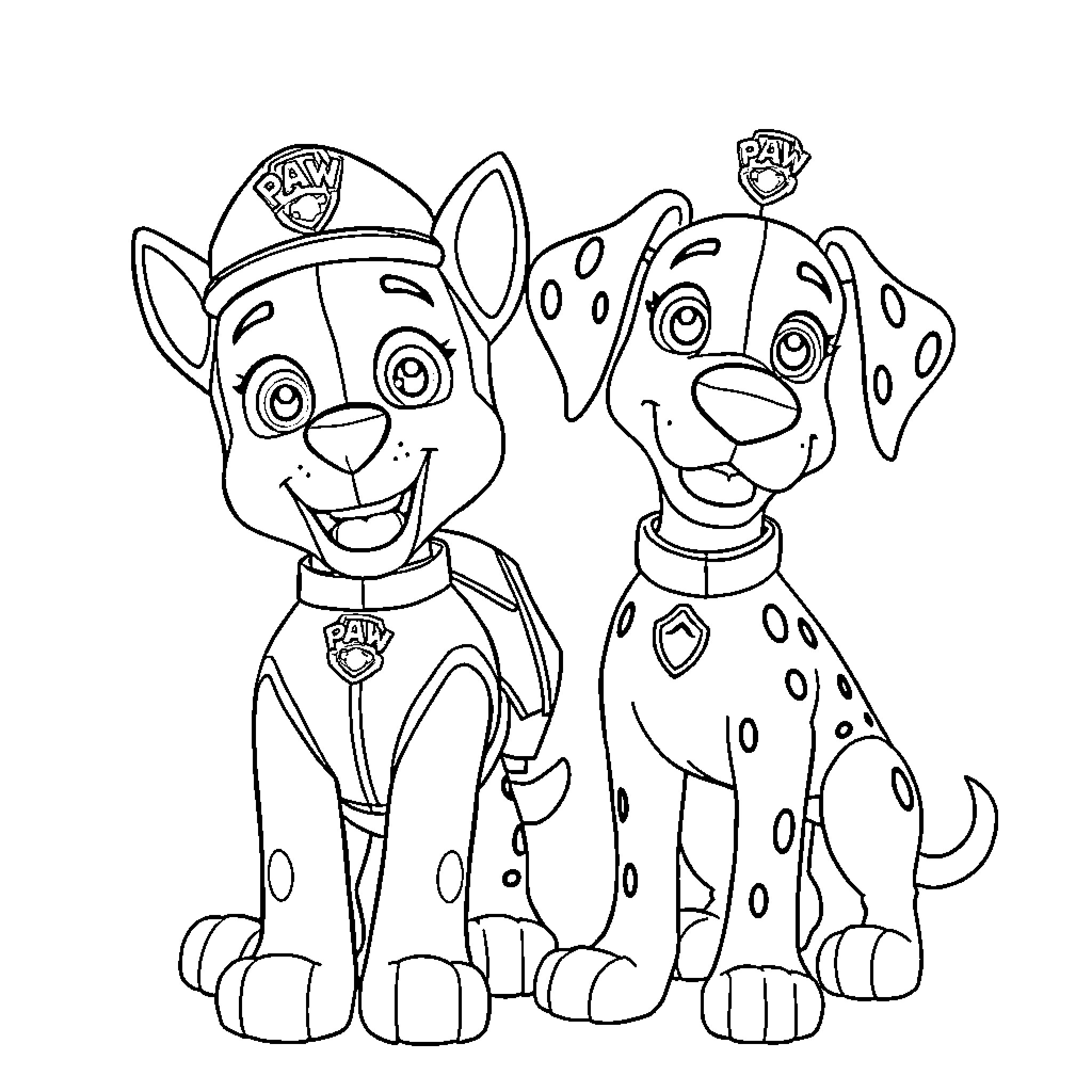 Marshall and Friends Playful Pups Coloring Page (free black-and-white line drawing printable PDF for all, from beginners to advanced learners, including children, teens, adults, and seniors)