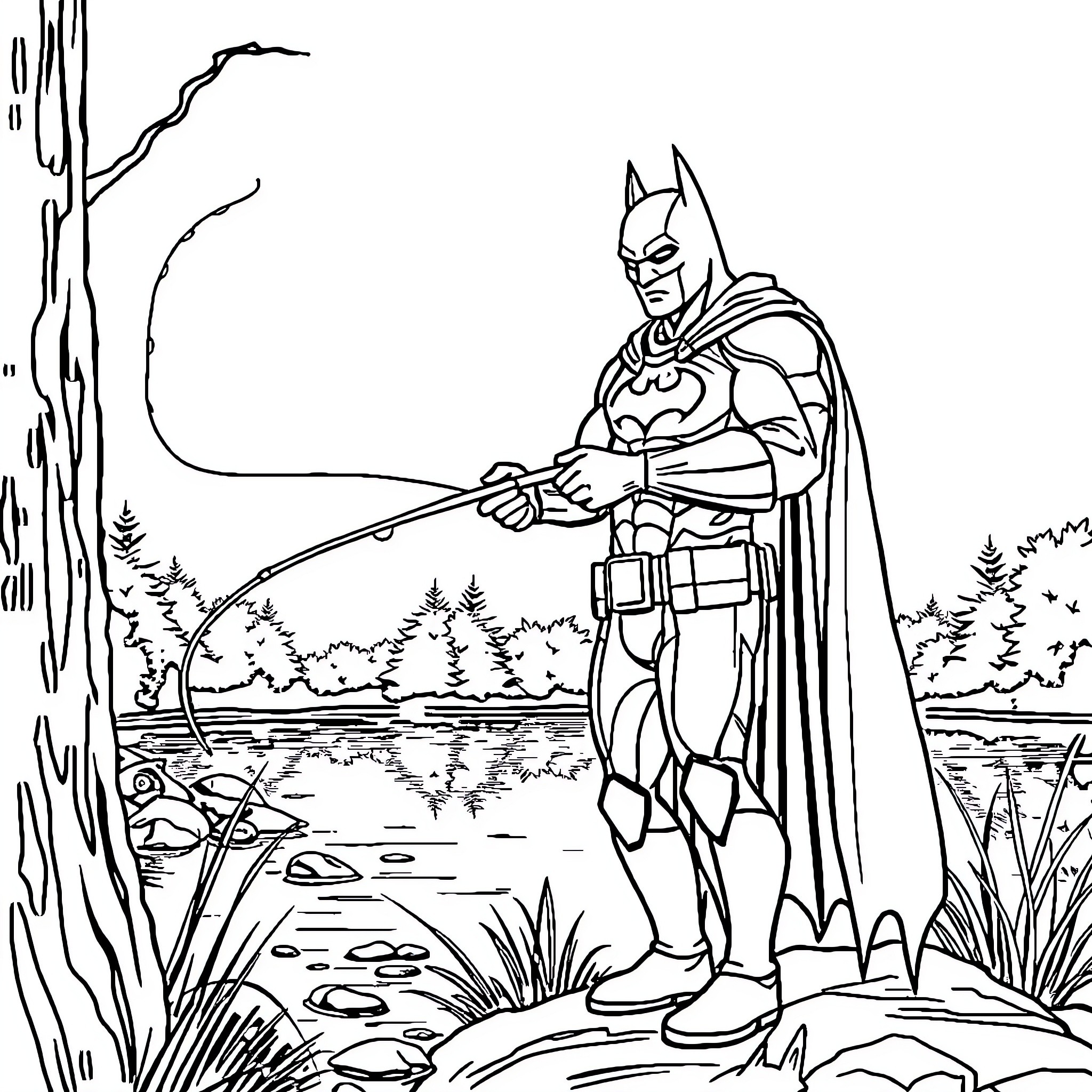 Batman standing vigilantly in a forest landscape Coloring Page (free black-and-white line drawing printable PDF for all, from beginners to advanced learners, including children, teens, adults, and seniors)