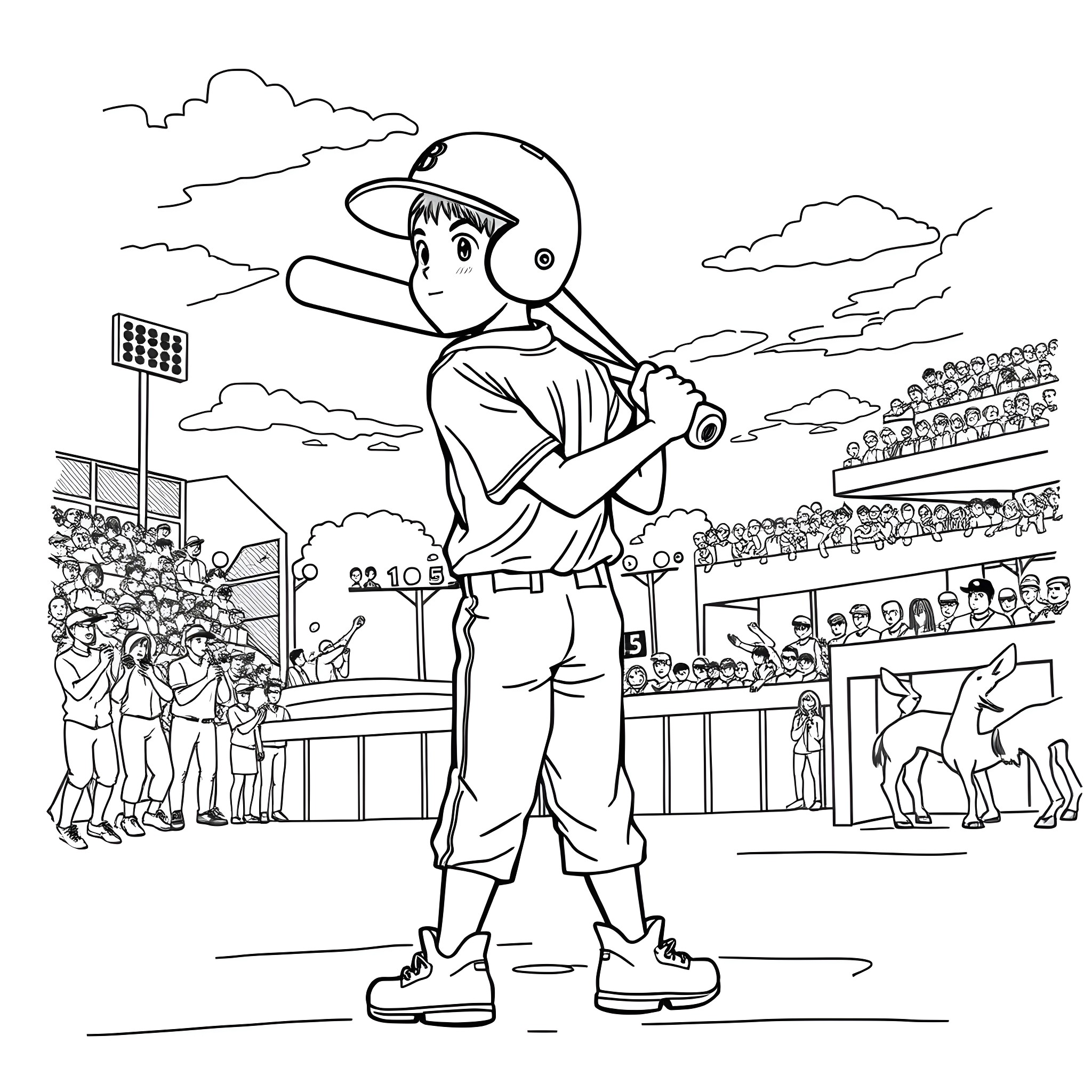 Teen Boy Playing Baseball on Field with Crowd Coloring Page (free black-and-white line drawing printable PDF for all, from beginners to advanced learners, including children, teens, adults, and seniors)