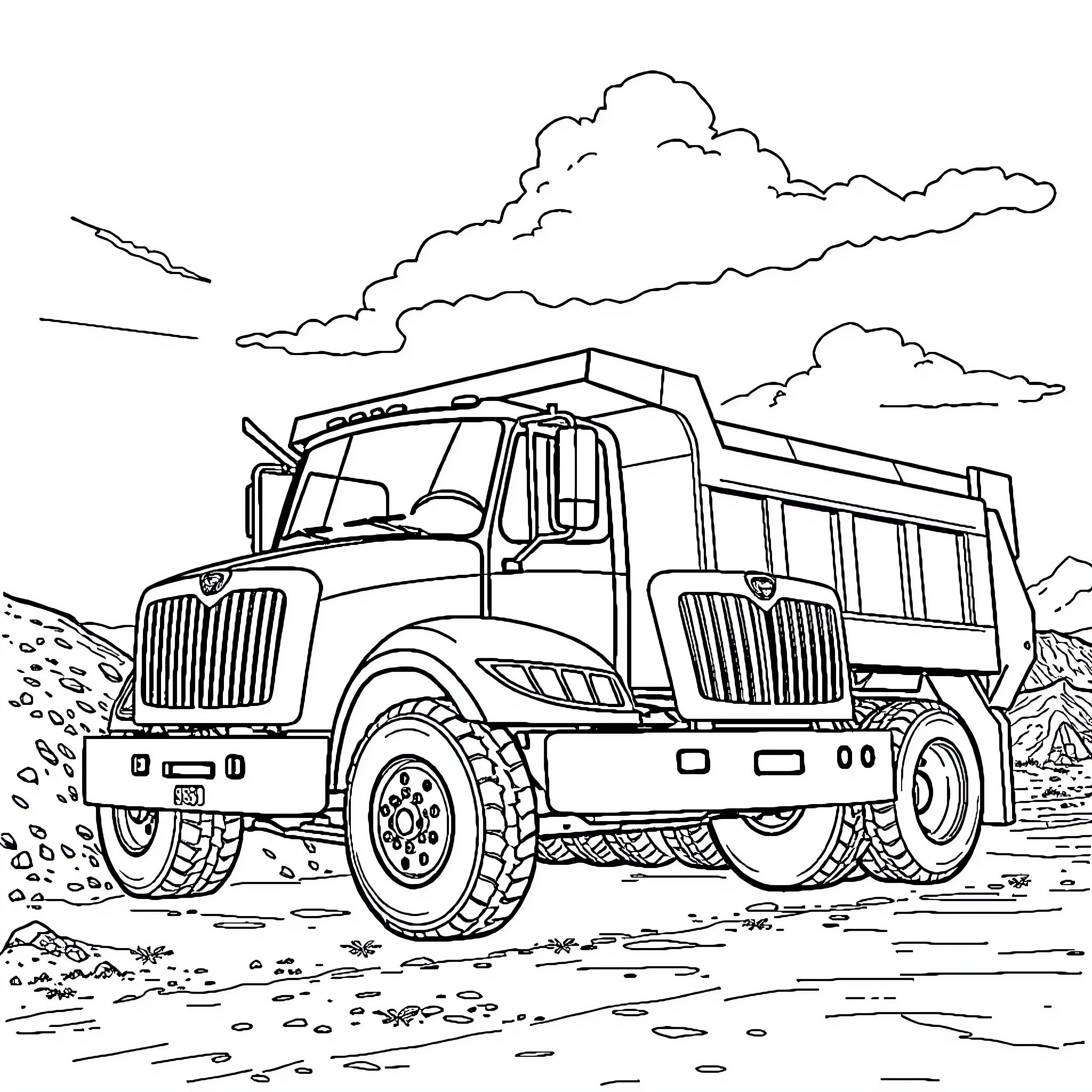 Dump Truck Transporting Materials on Rugged Terrain Coloring Page (free black-and-white line drawing printable PDF for all, from beginners to advanced learners, including children, teens, adults, and seniors)