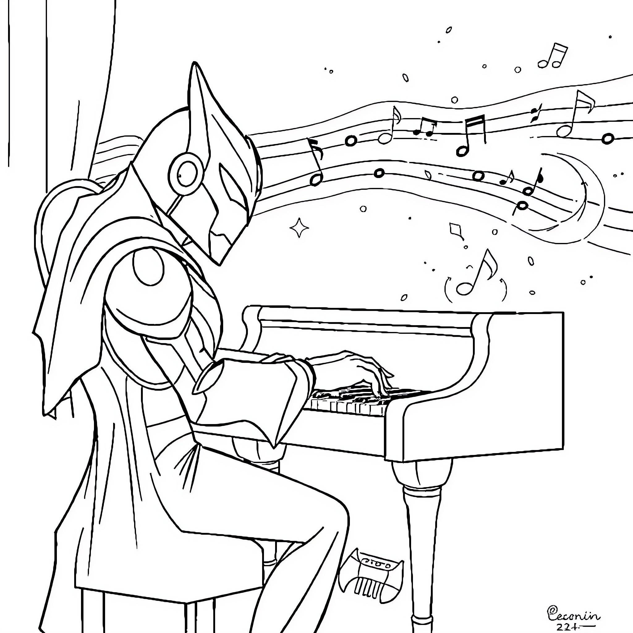Iron Pianist Performing Amidst Musical Notes Coloring Page (free black-and-white line drawing printable PDF for all, from beginners to advanced learners, including children, teens, adults, and seniors)