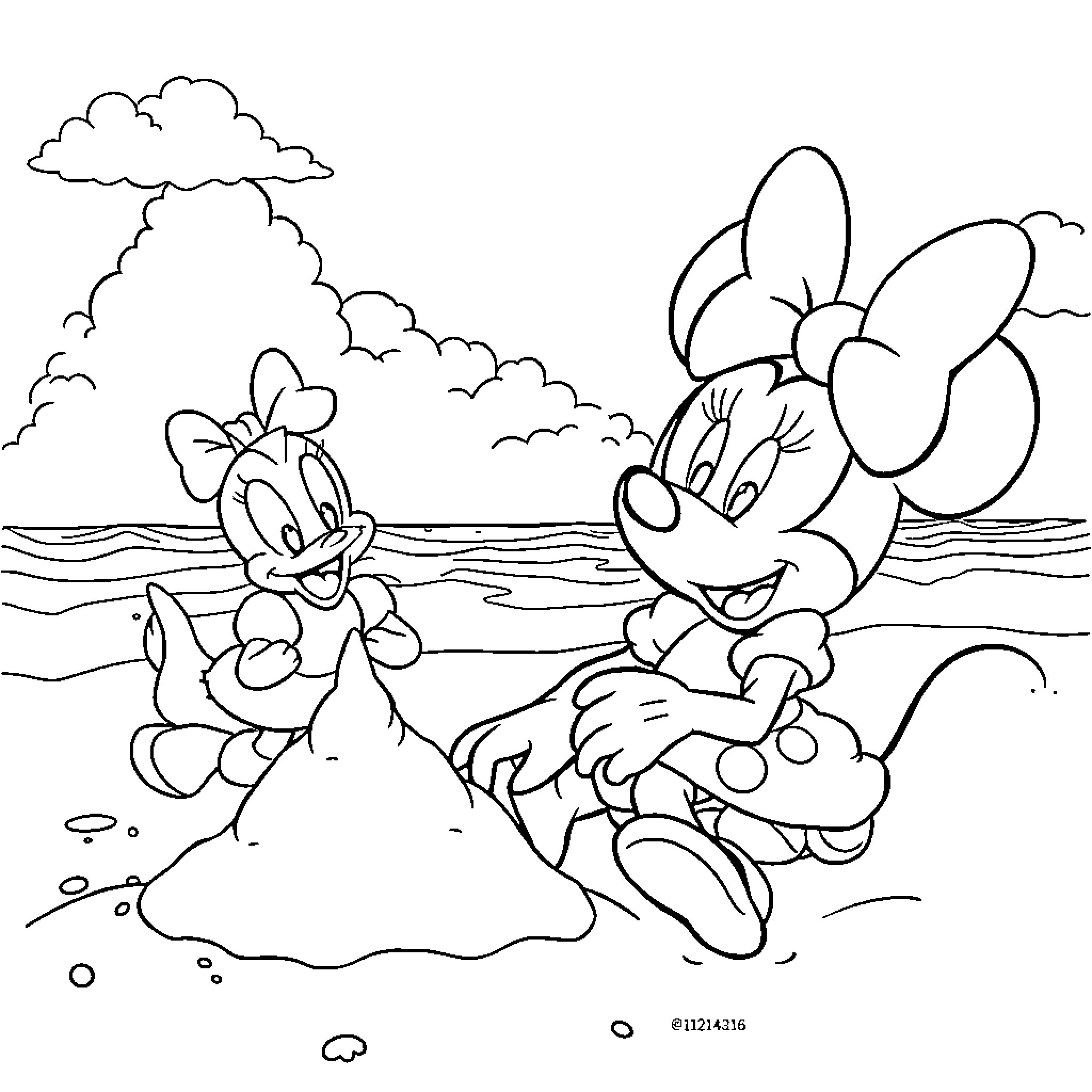 Minnie playing happily at the beach Coloring Page (free black-and-white line drawing printable PDF for all, from beginners to advanced learners, including children, teens, adults, and seniors)