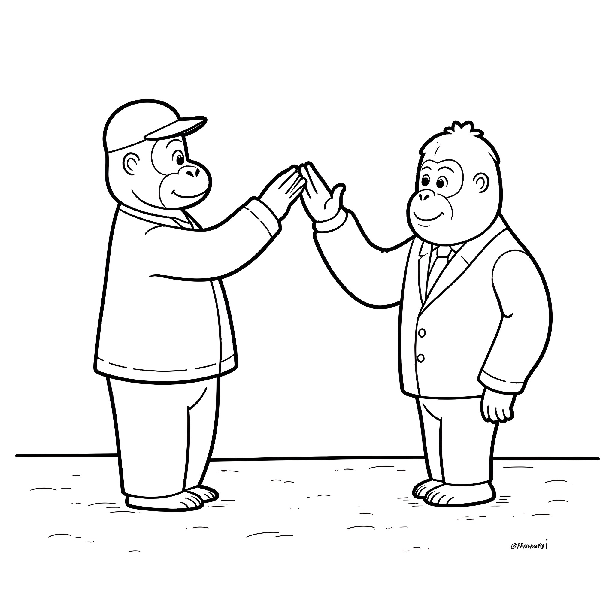 Harambe celebrating with businessman in formal attire Coloring Page (free black-and-white line drawing printable PDF for all, from beginners to advanced learners, including children, teens, adults, and seniors)