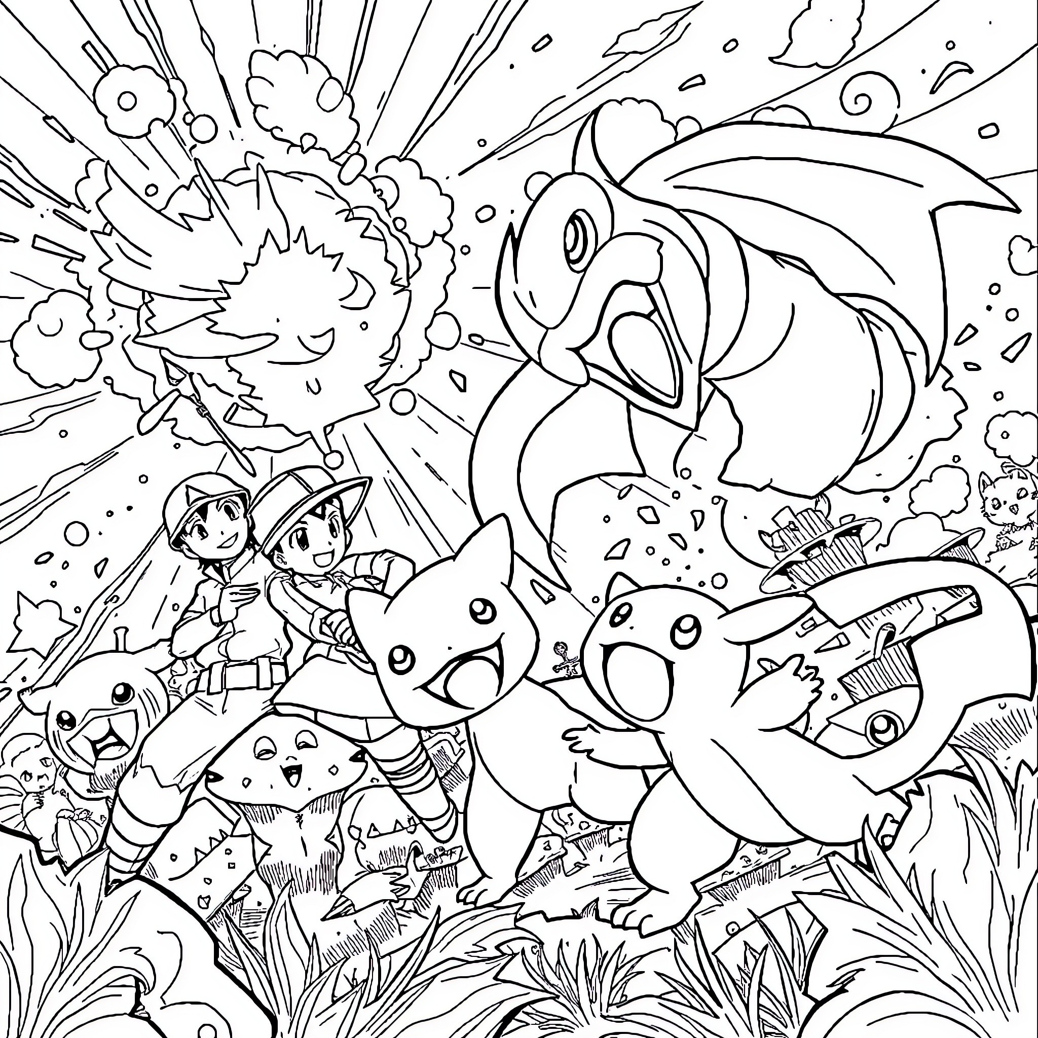 Pokémon Characters in Exciting Adventure Coloring Page (free black-and-white line drawing printable PDF for all, from beginners to advanced learners, including children, teens, adults, and seniors)