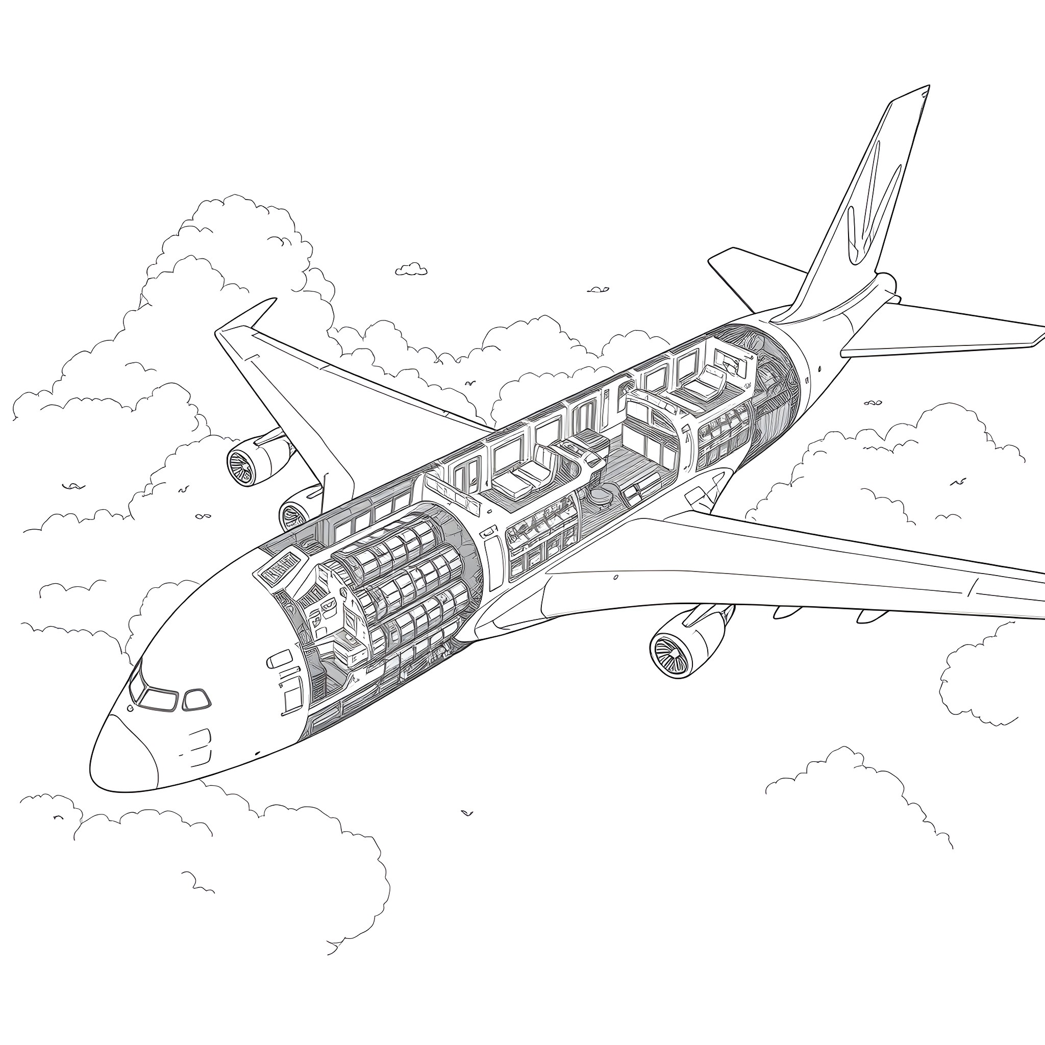 A380 aircraft in the clouds Coloring Page (free black-and-white line drawing printable PDF for all, from beginners to advanced learners, including children, teens, adults, and seniors)