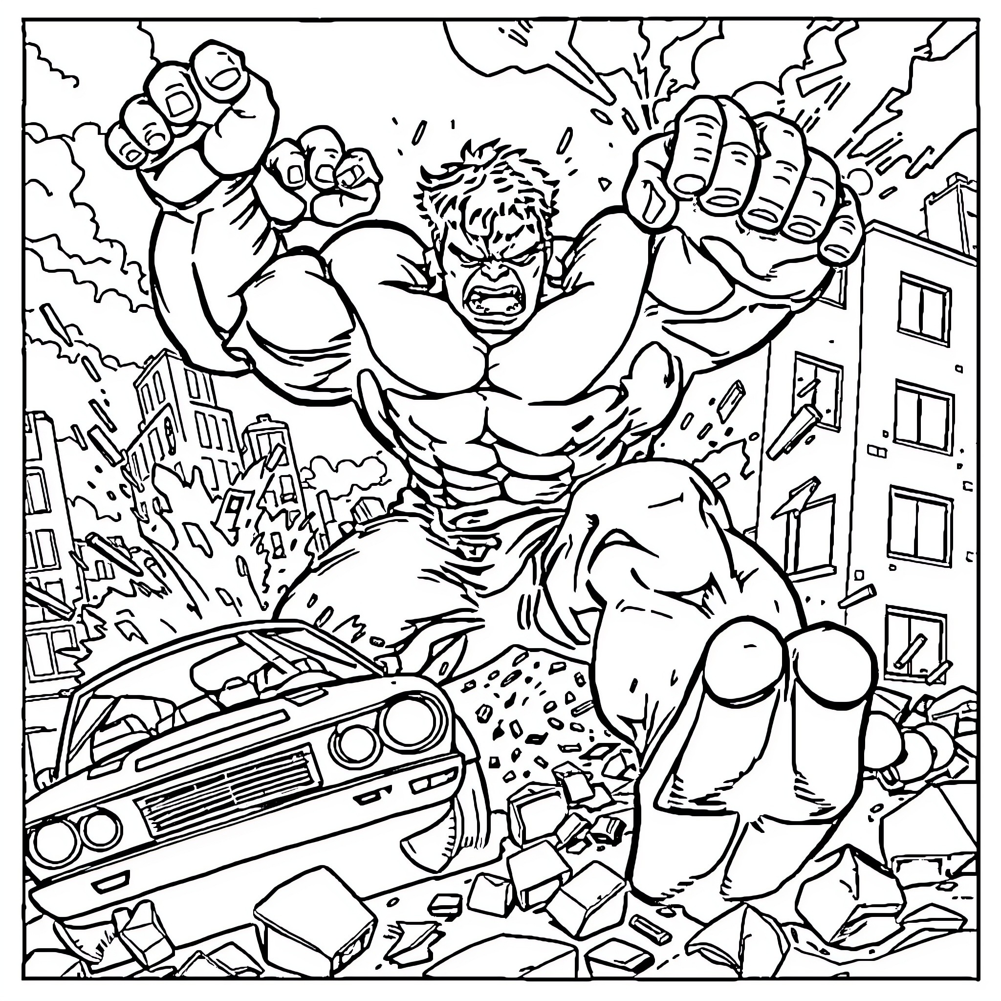 Hulk smashing through the city in a rage Coloring Page (free black-and-white line drawing printable PDF for all, from beginners to advanced learners, including children, teens, adults, and seniors)