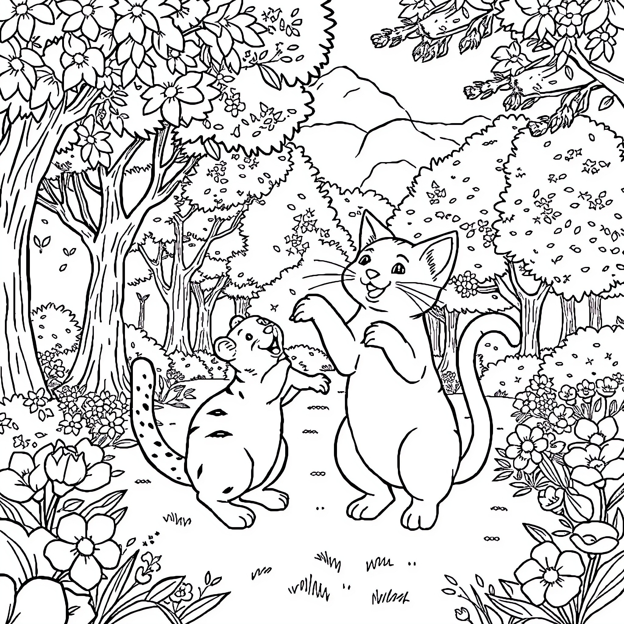 Gato exploring the enchanted forest Coloring Page (free black-and-white line drawing printable PDF for all, from beginners to advanced learners, including children, teens, adults, and seniors)