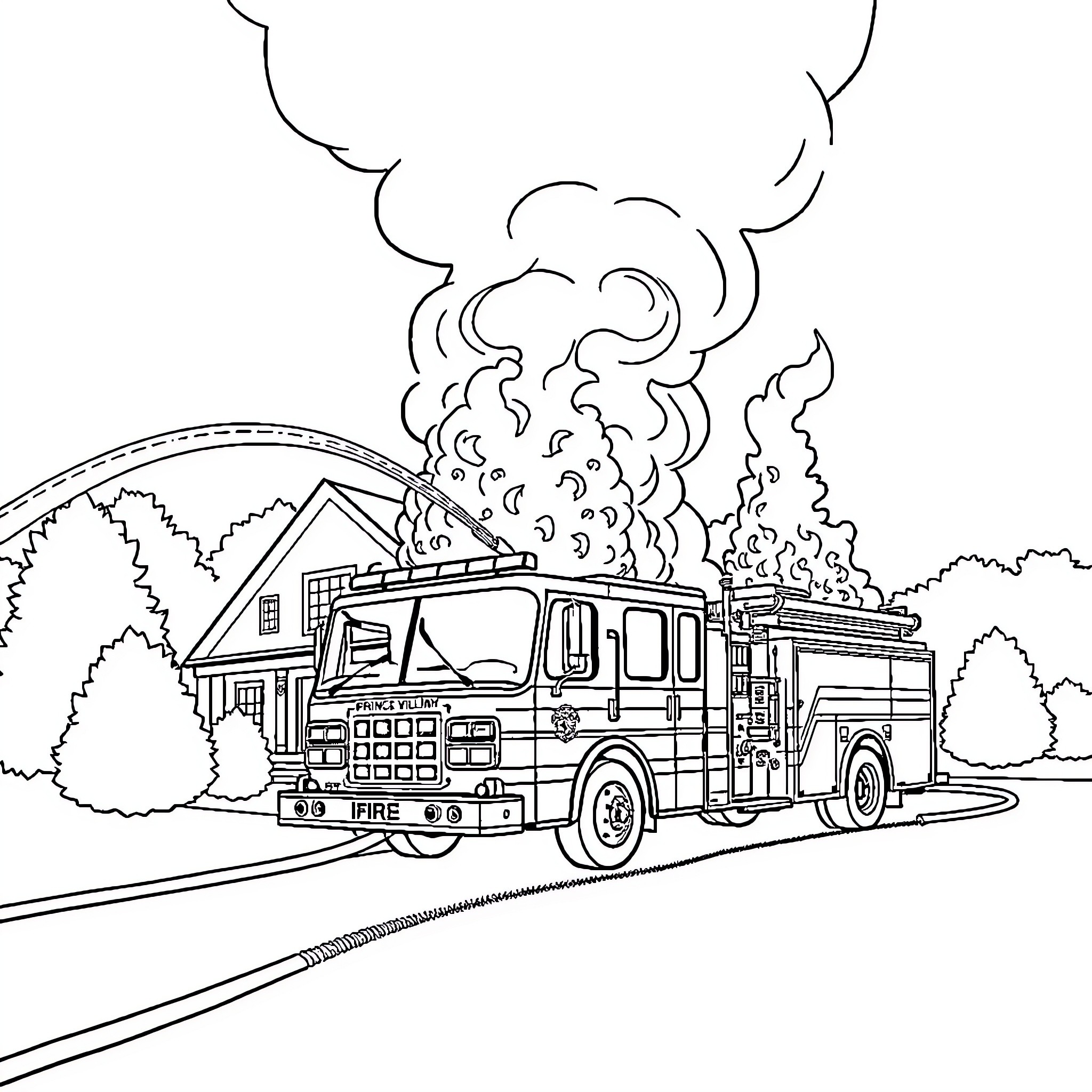 Fire Truck responding to emergency with smoke and sirens Coloring Page (free black-and-white line drawing printable PDF for all, from beginners to advanced learners, including children, teens, adults, and seniors)