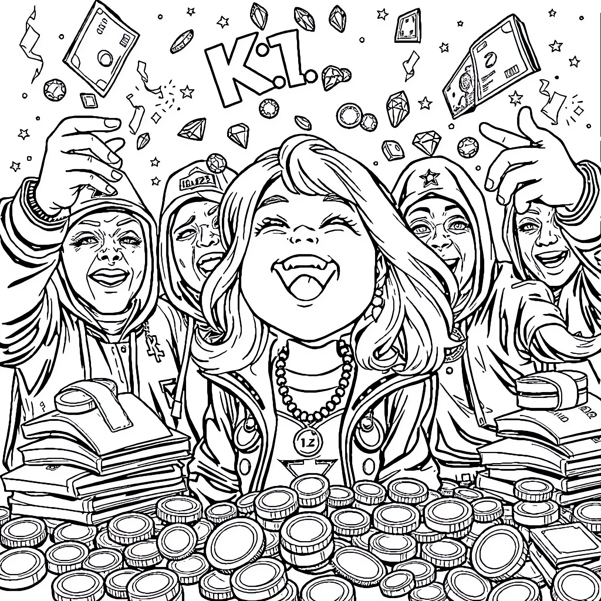 Girl enjoying a party with friends Coloring Page (free black-and-white line drawing printable PDF for all, from beginners to advanced learners, including children, teens, adults, and seniors)